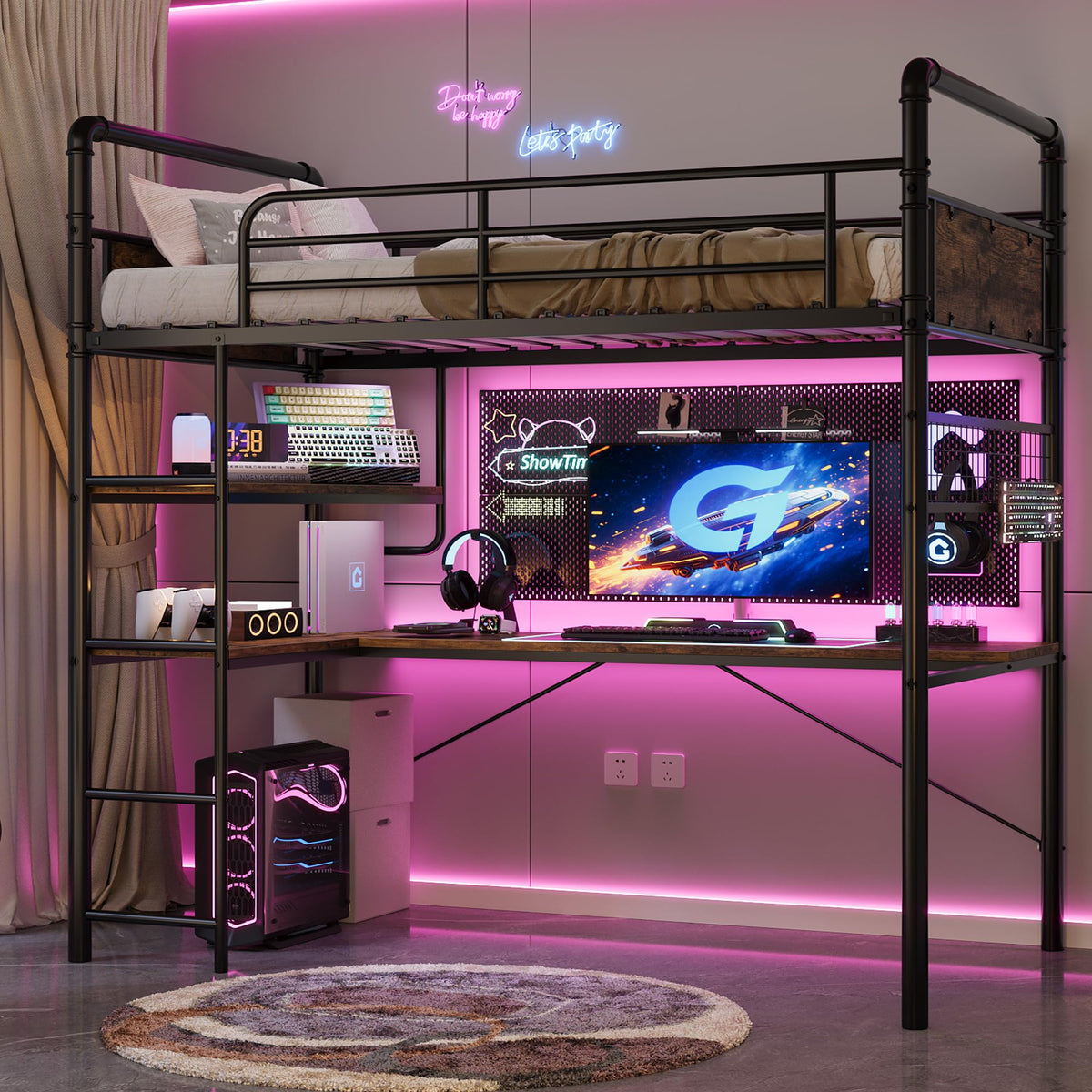 GarveeHome Loft Bunk Bed with L-Shaped Desk, Industrial Twin Loft Bed,Brown