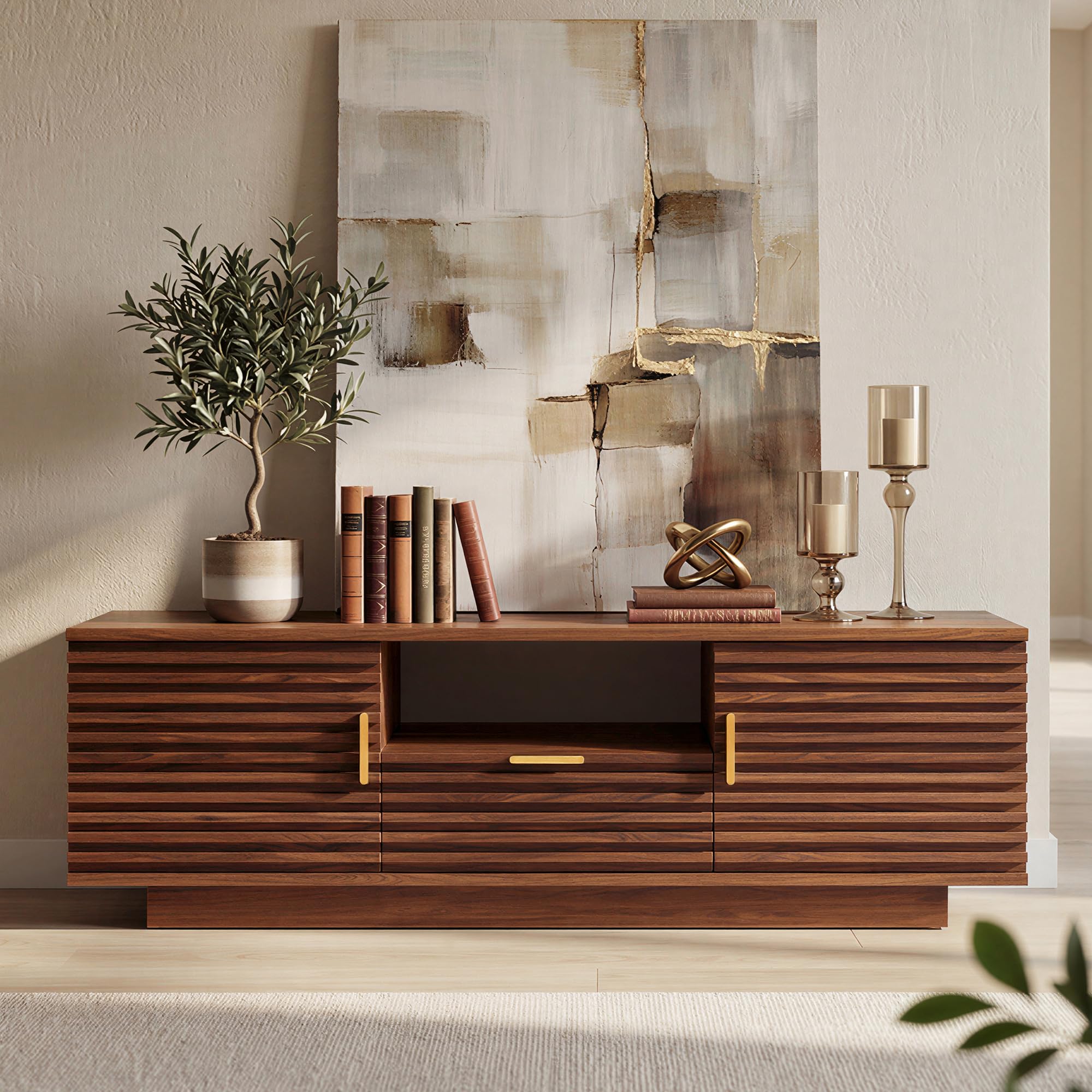 Mid-Century Modern Fluted TV Stand with Storage