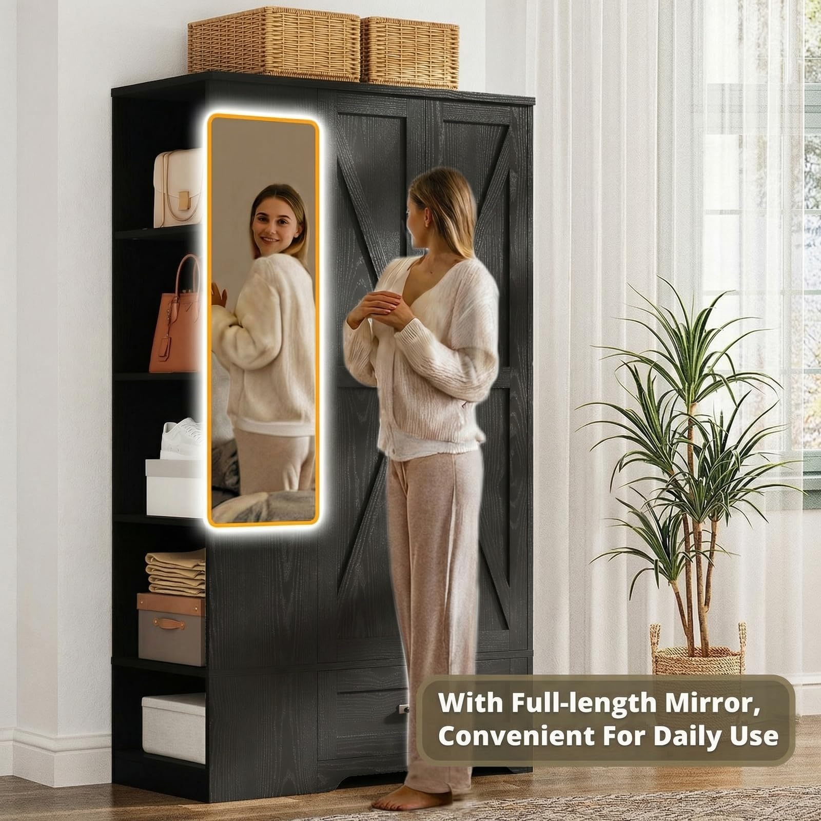 Barn Door Wardrobe Closet with Mirror, Shelves & Drawer