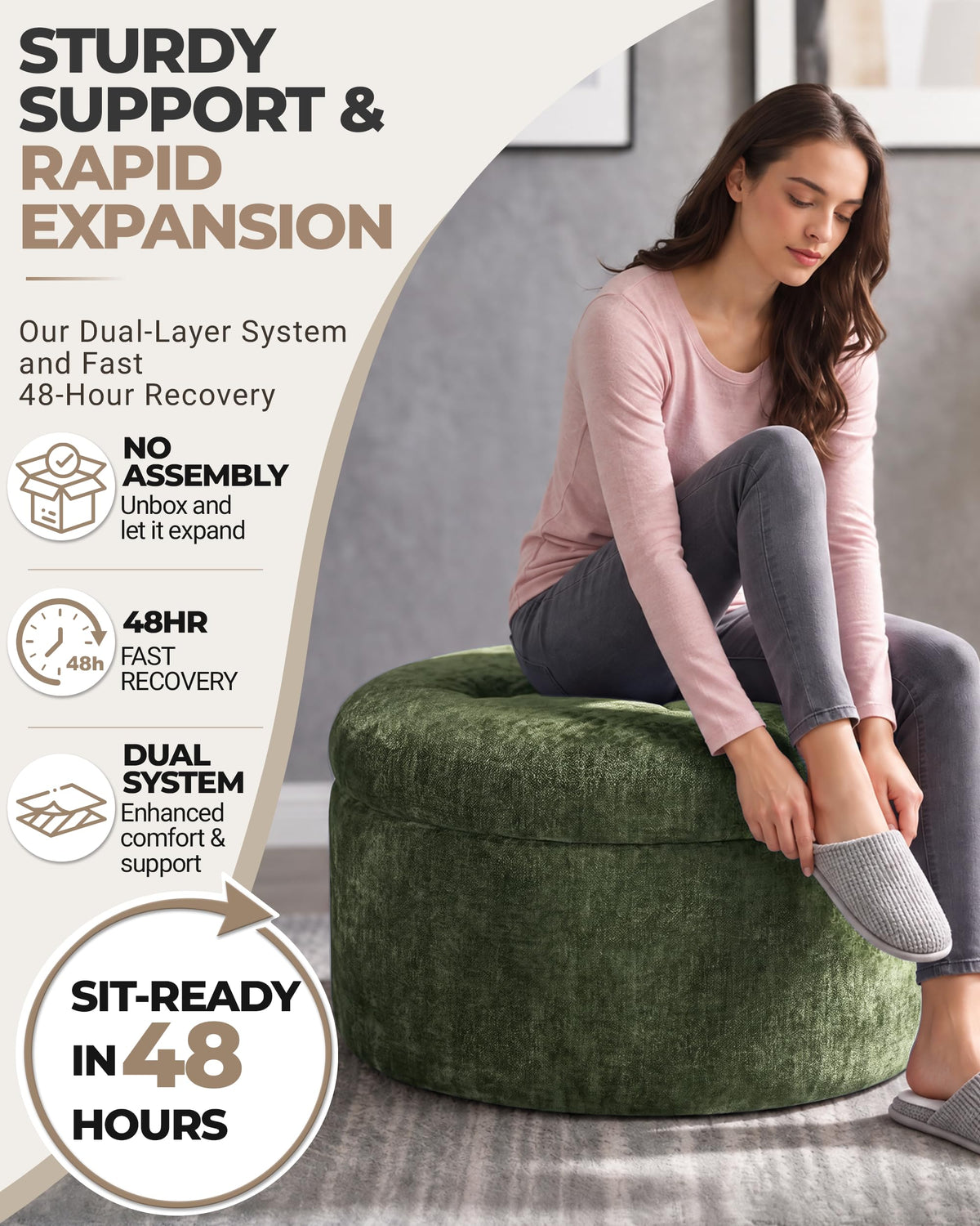 Fabulcozy 23.6in Round Pouf Ottoman, Chenille Ottoman Foot Rest with Dual‑Layer Support, Large Plush Pouf with Soft Chunk‑Foam Top & Firm Foam Base, Floor Foot Stool for Living Room, Green