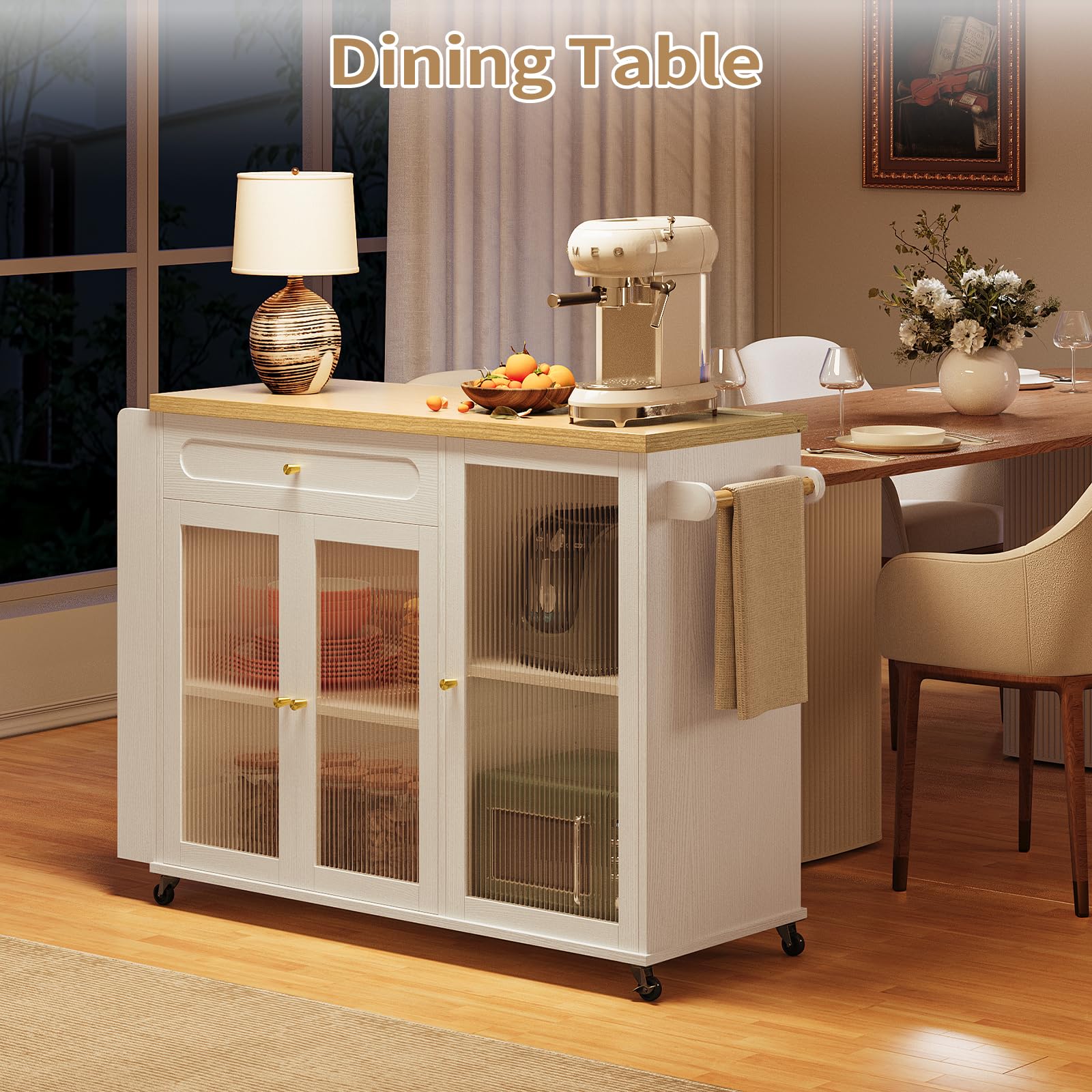 Curlaky Kitchen Island with Power Outlet - Kitchen Cart on Wheels with Storage Cabinets & Drawers, Rolling Island Table with Spice & Towel Rack, Portable Islands with Large Wood Counter, Dinning Room