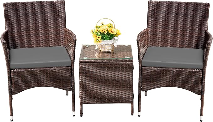 3 Piece Wicker Patio Conversation Set, Brown/Beige