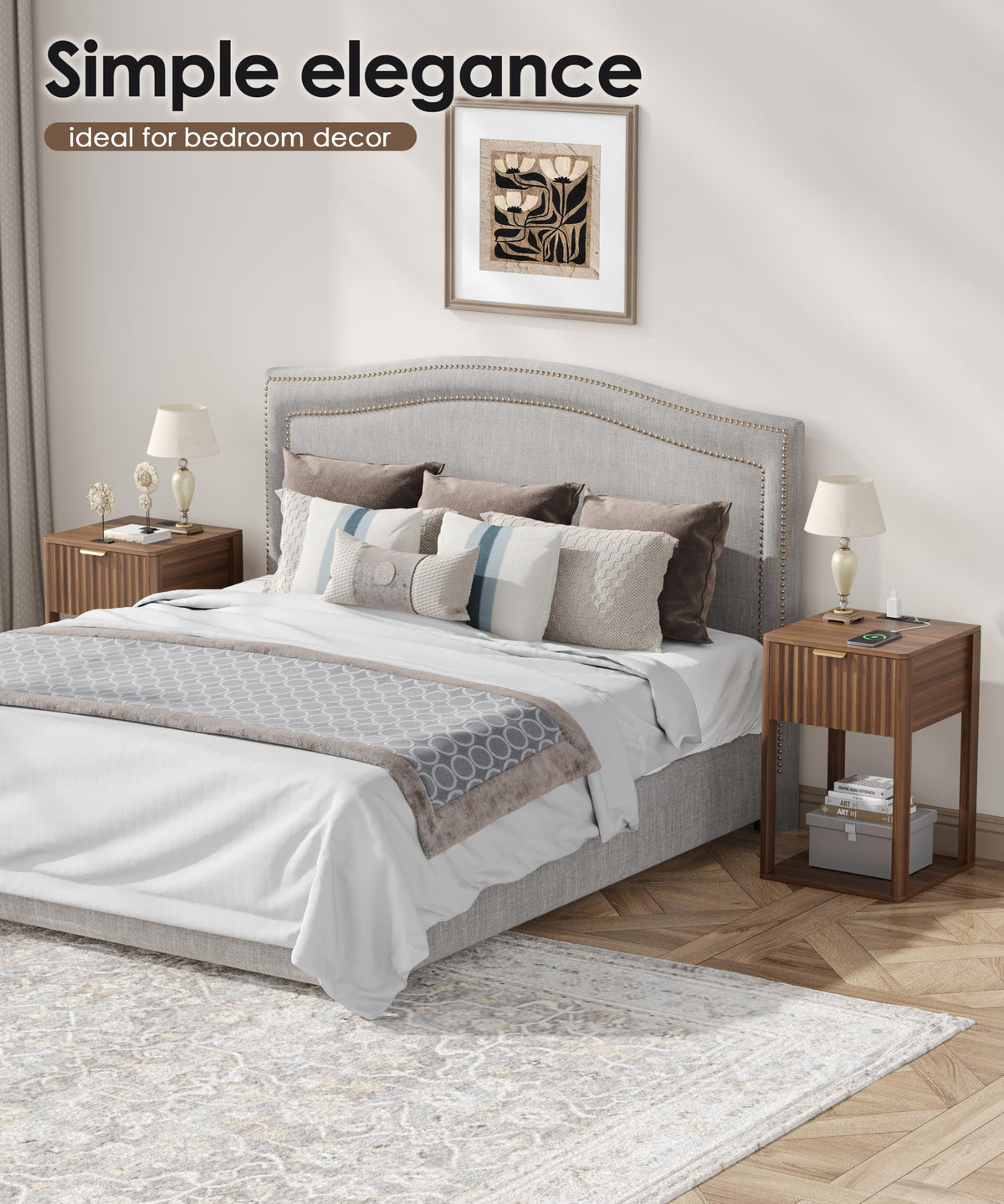 Akxomel Nightstand Set 2 with Charging Station Fluted Bedside Table Walnut