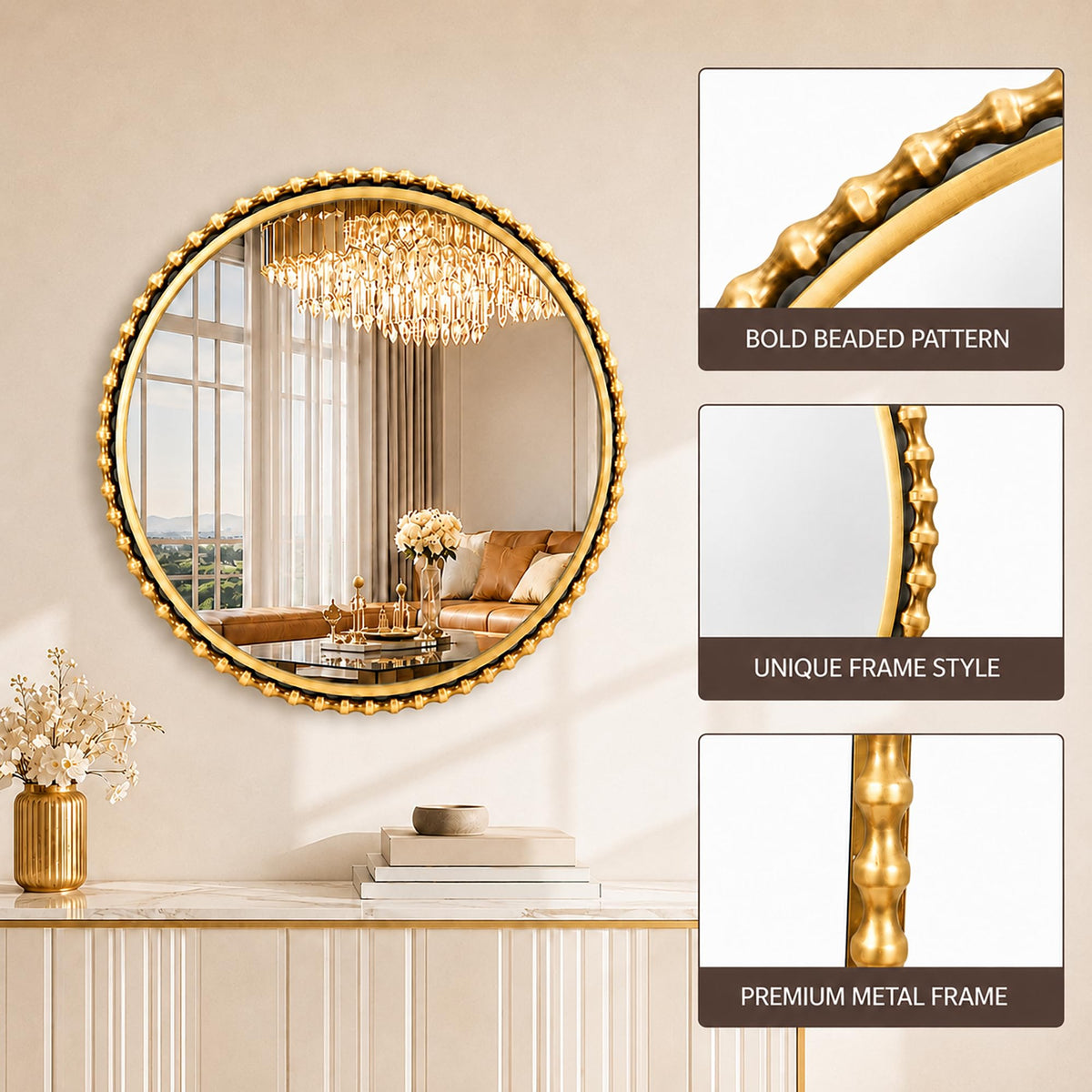 Antique Gold Beaded Round Mirror