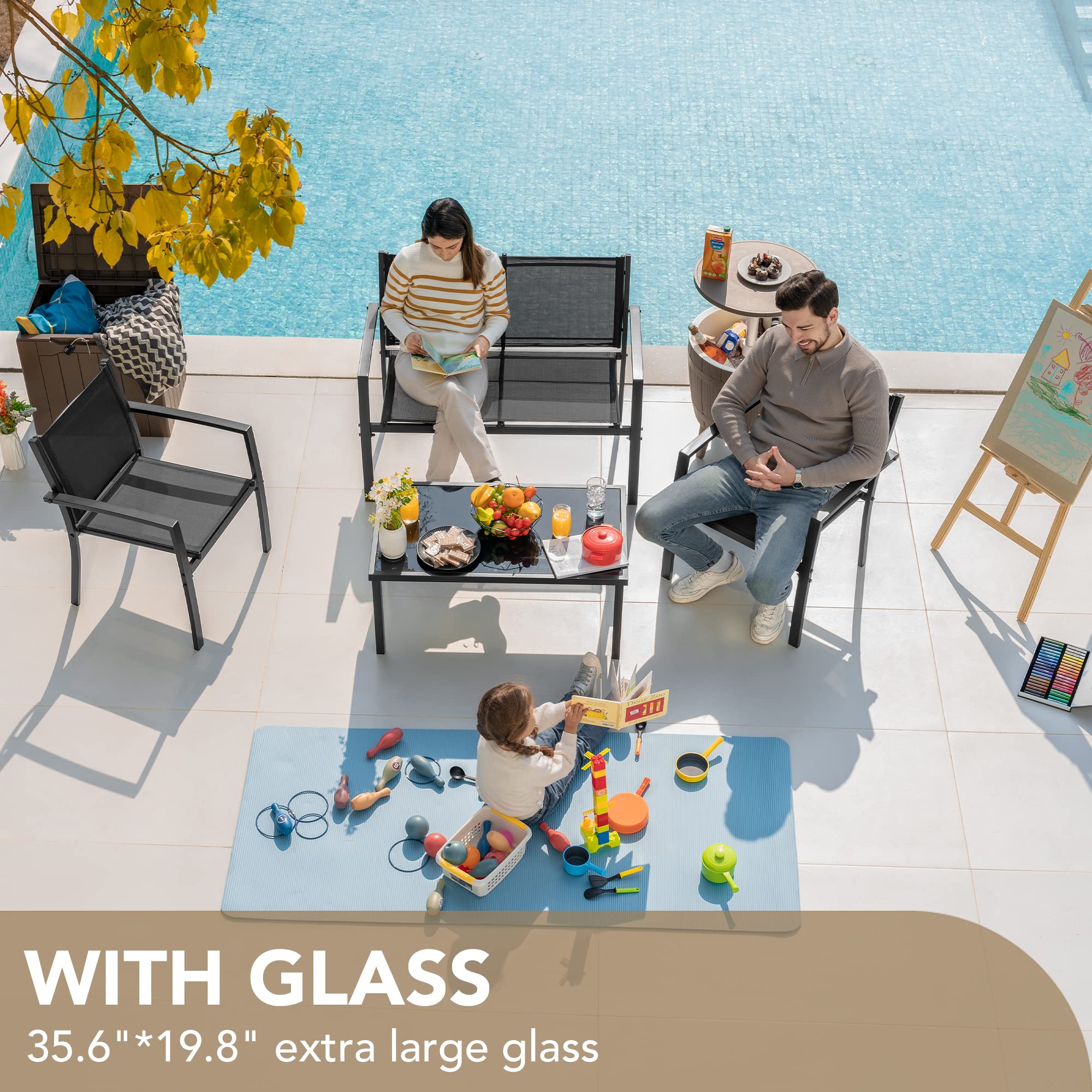 4-Piece Patio Conversation Set with Glass Coffee Table
