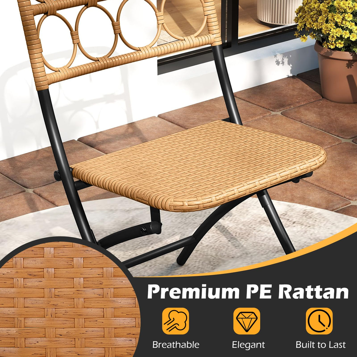 Tangkula 3 Piece Outdoor Folding Bistro Set, PE Rattan Portable Patio Round Dining Table and 2 Chairs with Sturdy Metal Frame for Porch, Garden, Backyard, Balcony
