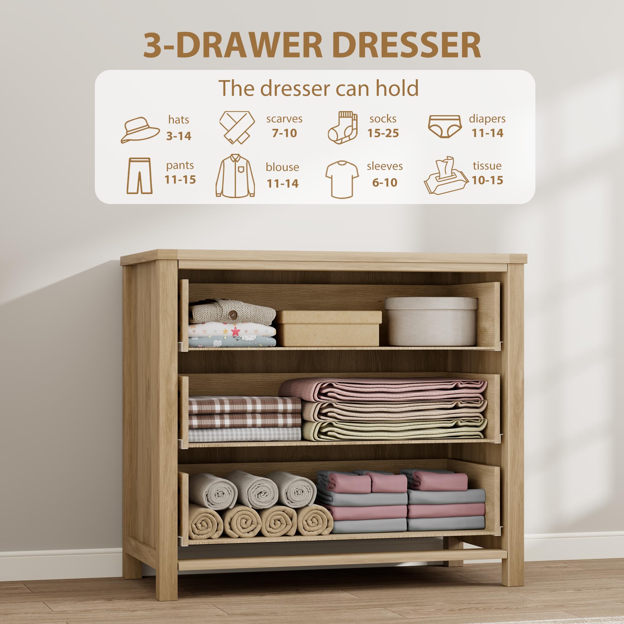 Garvee 3 Drawer Rattan Dresser for Bedroom, Boho Chest of Drawers, 29 Inch Tall Storage Cabinet, Wood Nightstand with Natural Finish for Living Room, Entryway, Closet