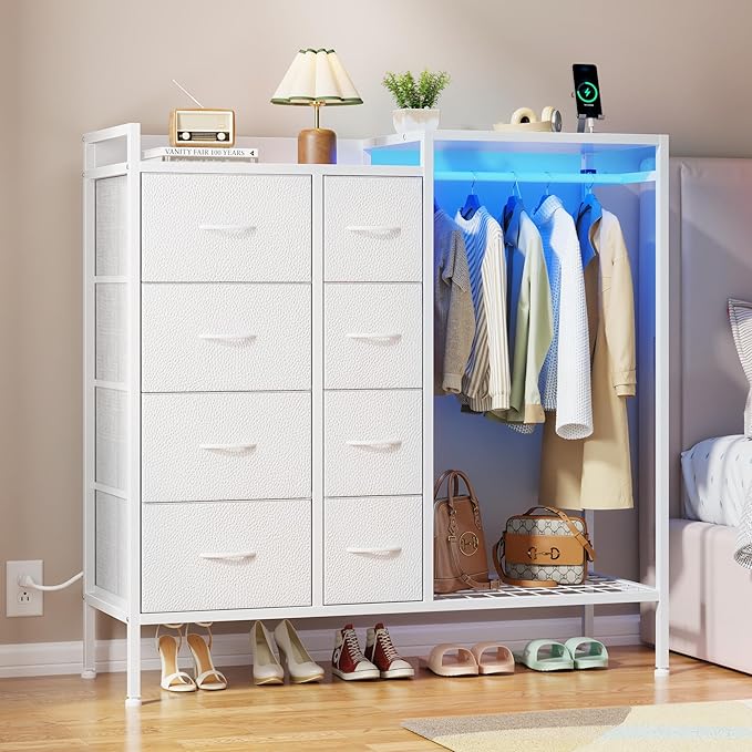 8-Drawer Dresser with Hanging Rack, LED Lights & Charging Station