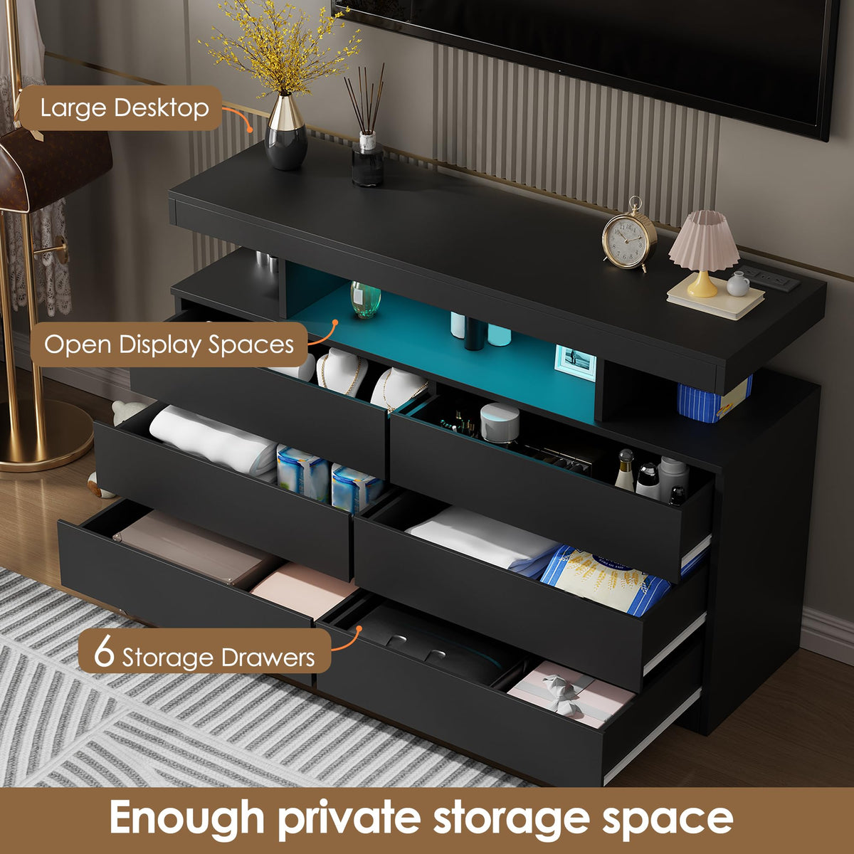 Black 6-Drawer LED Dresser