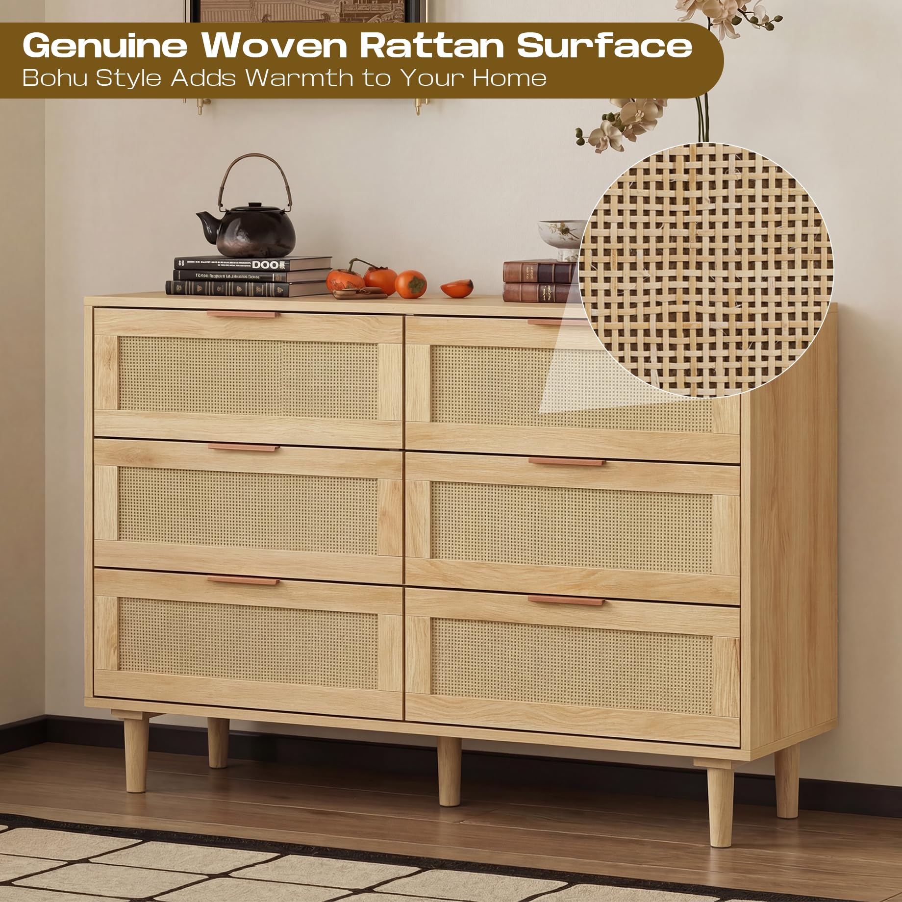 FUQARHY 6 Drawer Dresser Rattan Dresser Modern Chest with Drawers,Wood Storage Closet Dressers Chest of Drawers for Bedroom,Living Room,Hallway (Natural)