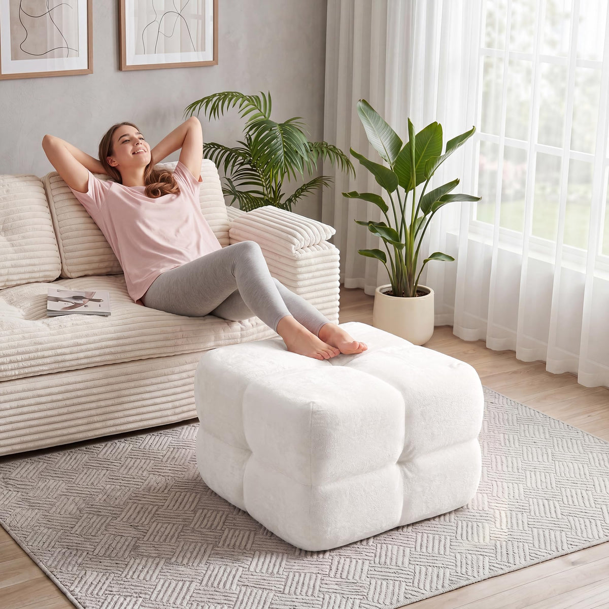 Beige Chenille Pouf Ottoman