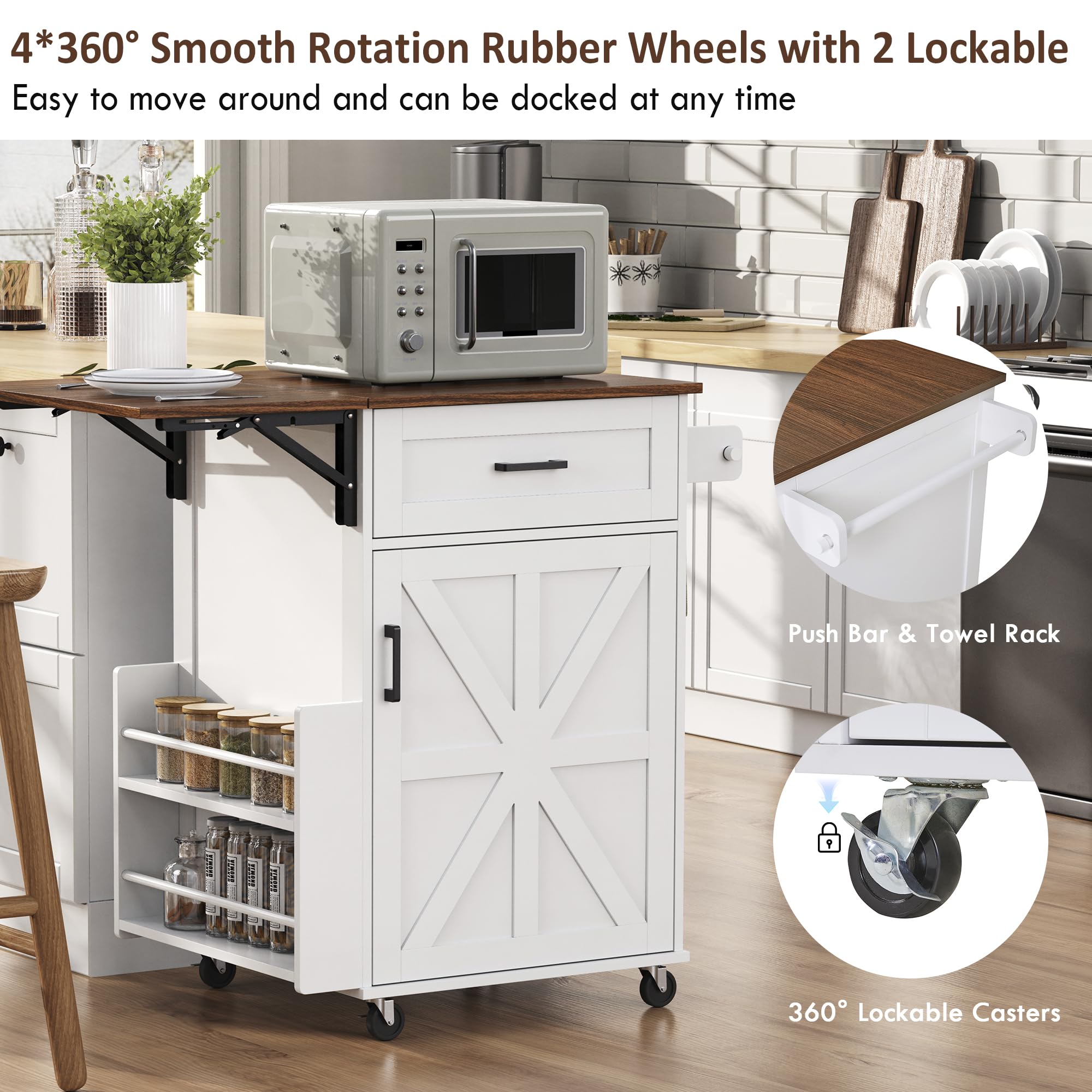 Seeheool K&K 39.3" Farmhouse Kitchen Island with Drop Leaf, Kitchen Storage Island with Open Side Rack, One Drawer, Towel Rack, Rolling Kitchen Cart with Lockable Wheels for Lawn Garden, White