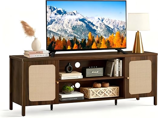 Boho Rattan TV Stand with Storage Cabinets