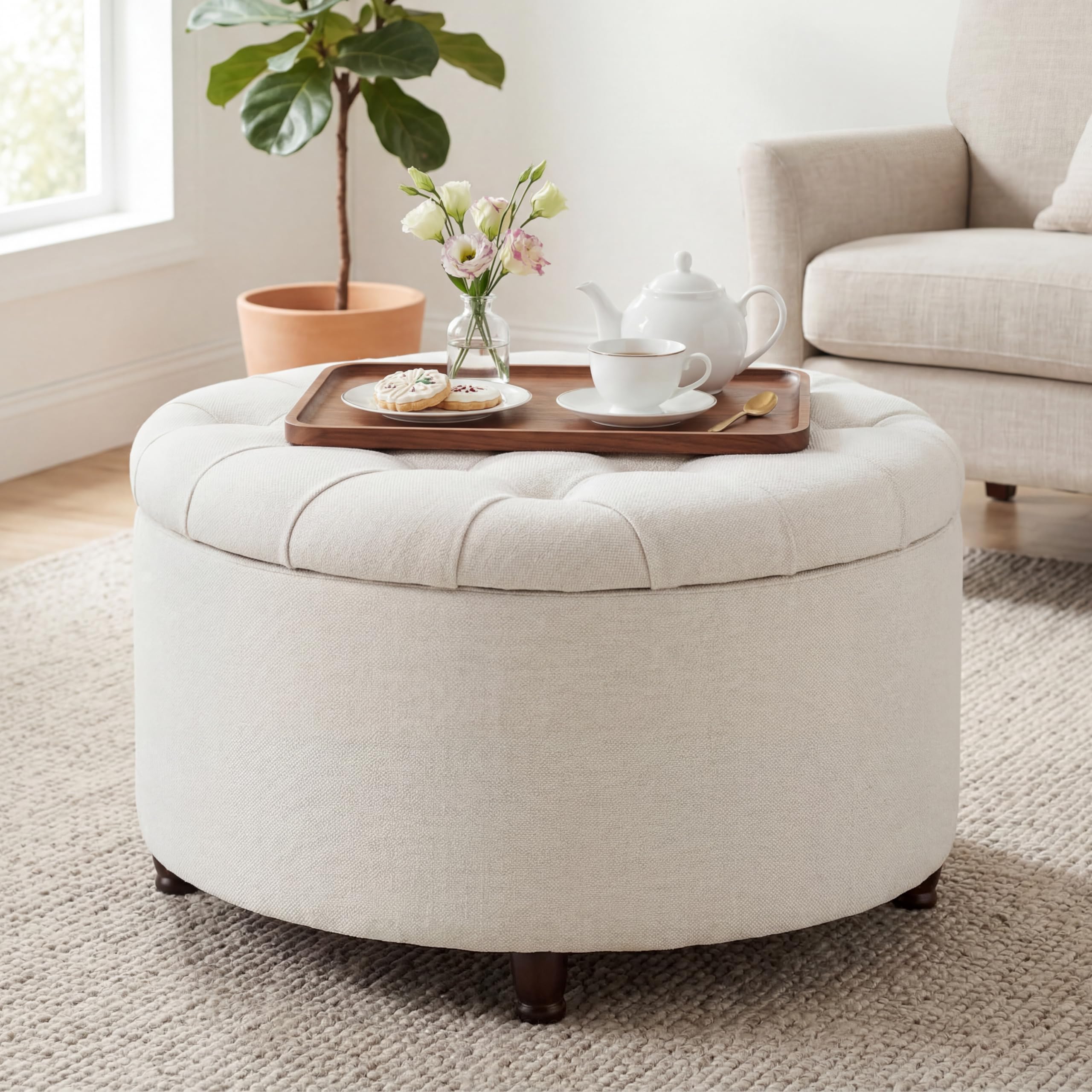 28" Round Storage Ottoman with Wooden Legs – White