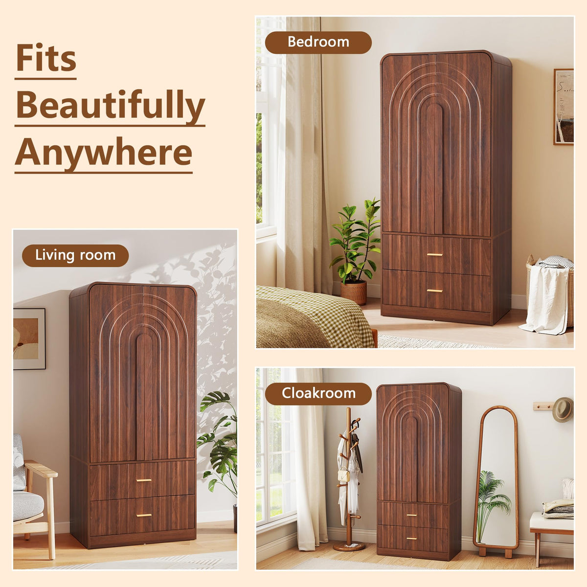 ORRD Freestanding Armoire Wardrobe Closet with Arched Fluted 2 Doors and 2 Storage Drawers, Large Capacity Wardrobe Cabinet Bedroom Organizer for Clothes, Blankets and Accessories, Walnut