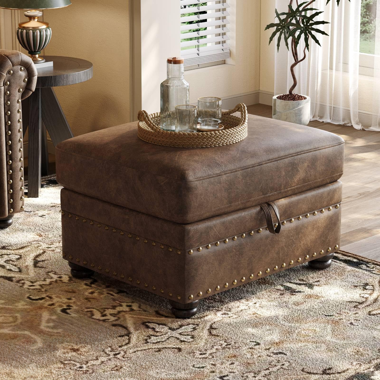 Faux Leather Storage Ottoman with Nailhead Trim