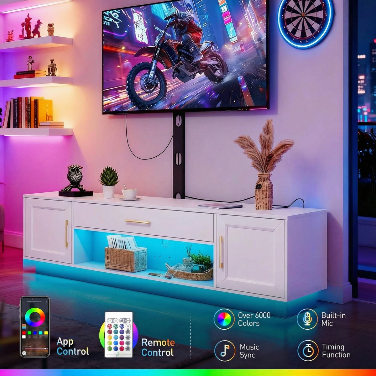 RALGEND 59" Modern TV Stand with Mount and Power Outlet, Swivel TV Stand for 32/55/65/75 inch TVs, Height Adjustable LED Entertainment Center, Media TV Console Table for Living Room, Bedroom, White