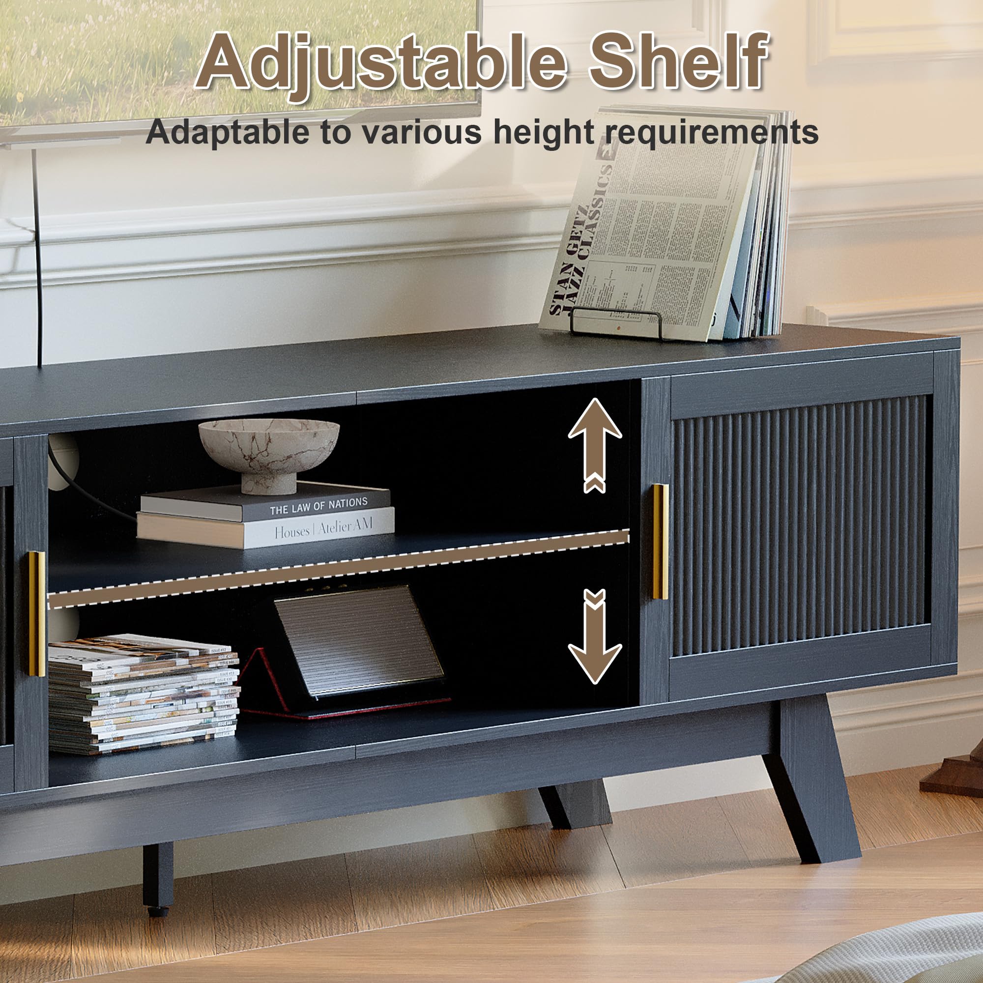 ChooChoo 59.5" Fluted TV Stands for 65 Inch TV, Mid Century Modern Entertainment Center with Storage and Adjustable Shelf, Long TV Console Media Table for Living Room, Bedroom, Black