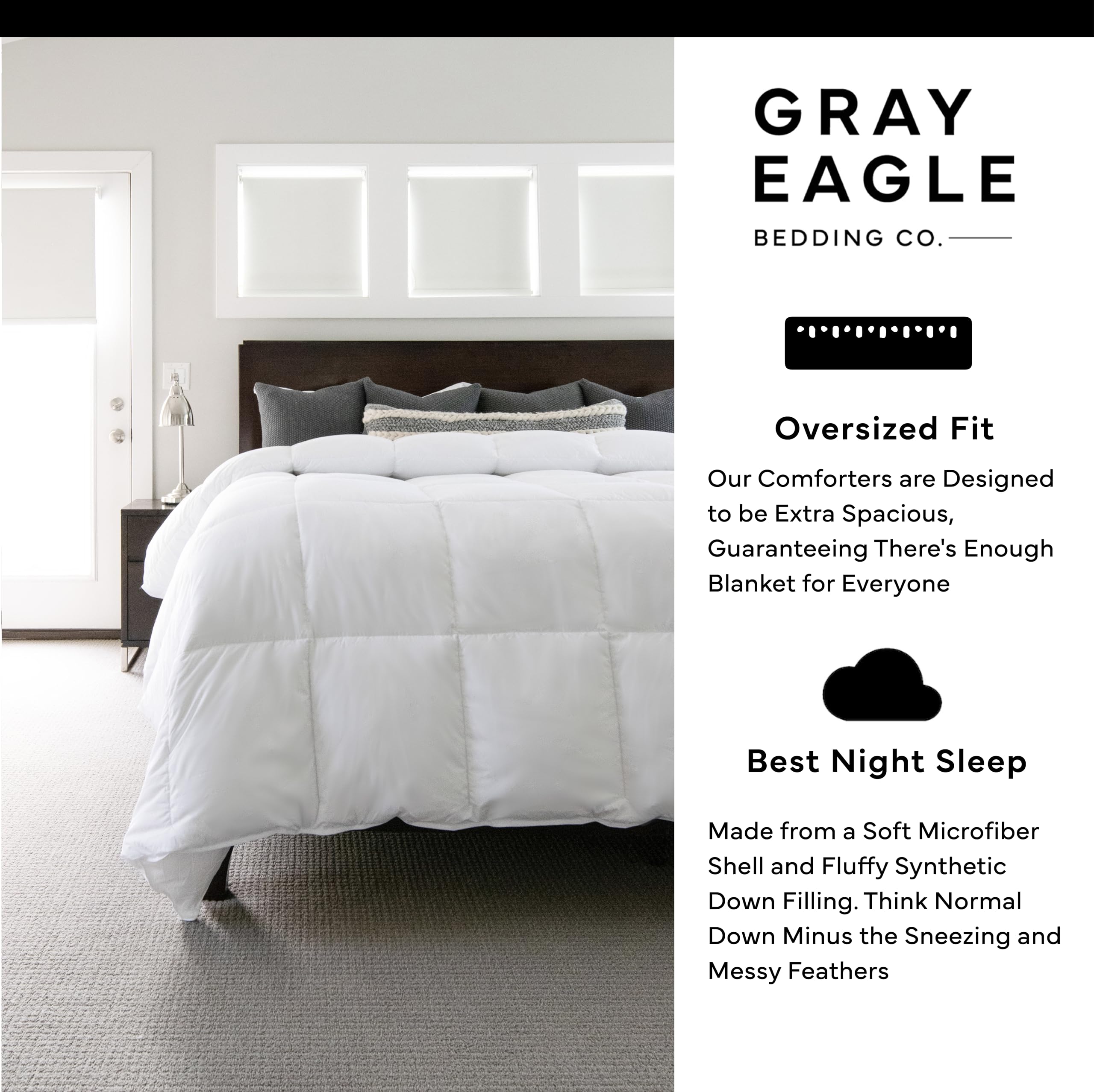Gray Eagle Oversized King Comforter – Extra Large Synthetic Down Alternative Comforter – Ultra Soft Microfiber, All-Season, Lightweight & Fluffy – Hotel Quality, Machine Washable, White (120' x 98")