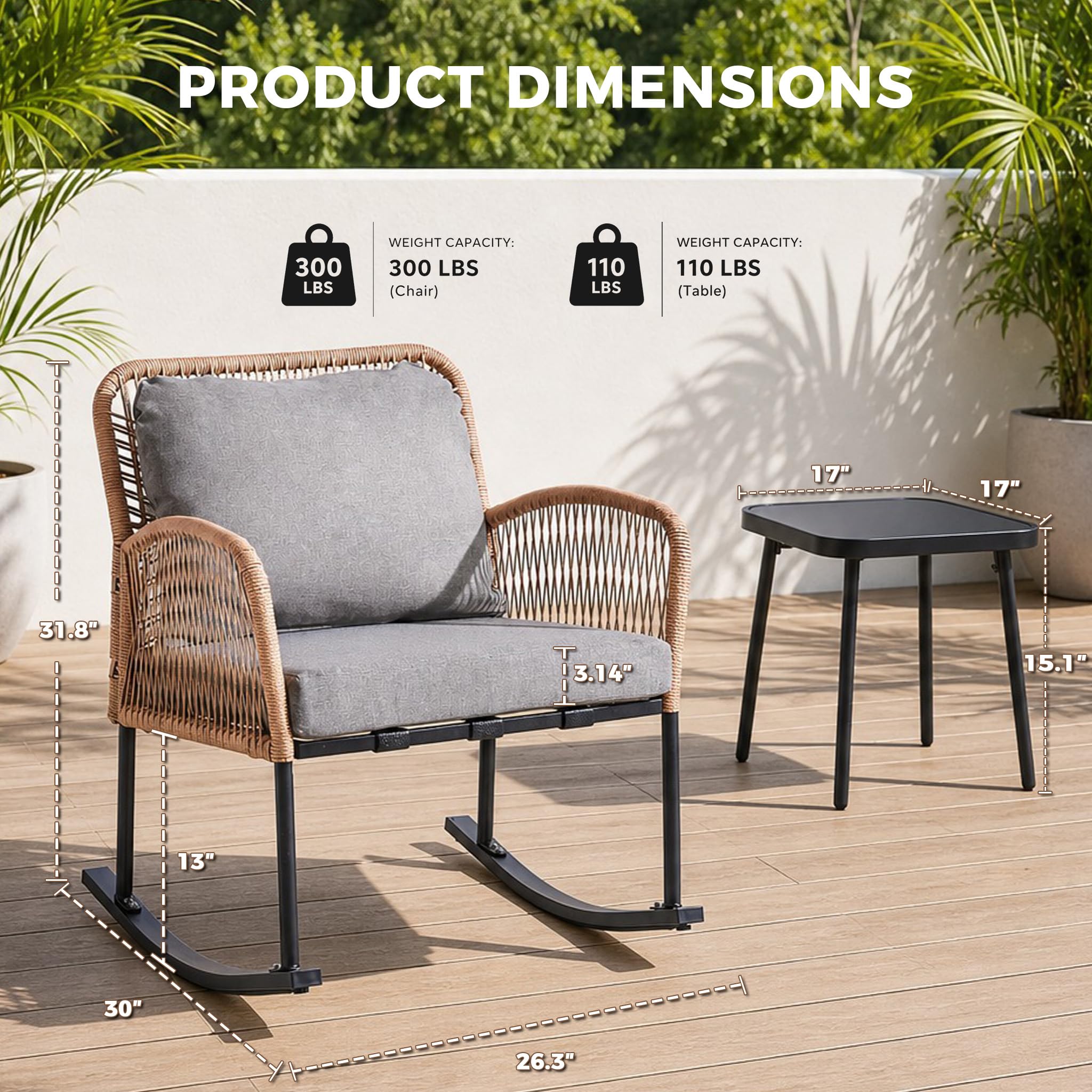 PAZDQ 3-Piece Patio Rocking Bistro Set, Outdoor Hand-Woven PE Wicker Furniture, All-Weather Rattan Bistro Sets & Minimalist Side Table for Porch, Garden, Backyard, Grey