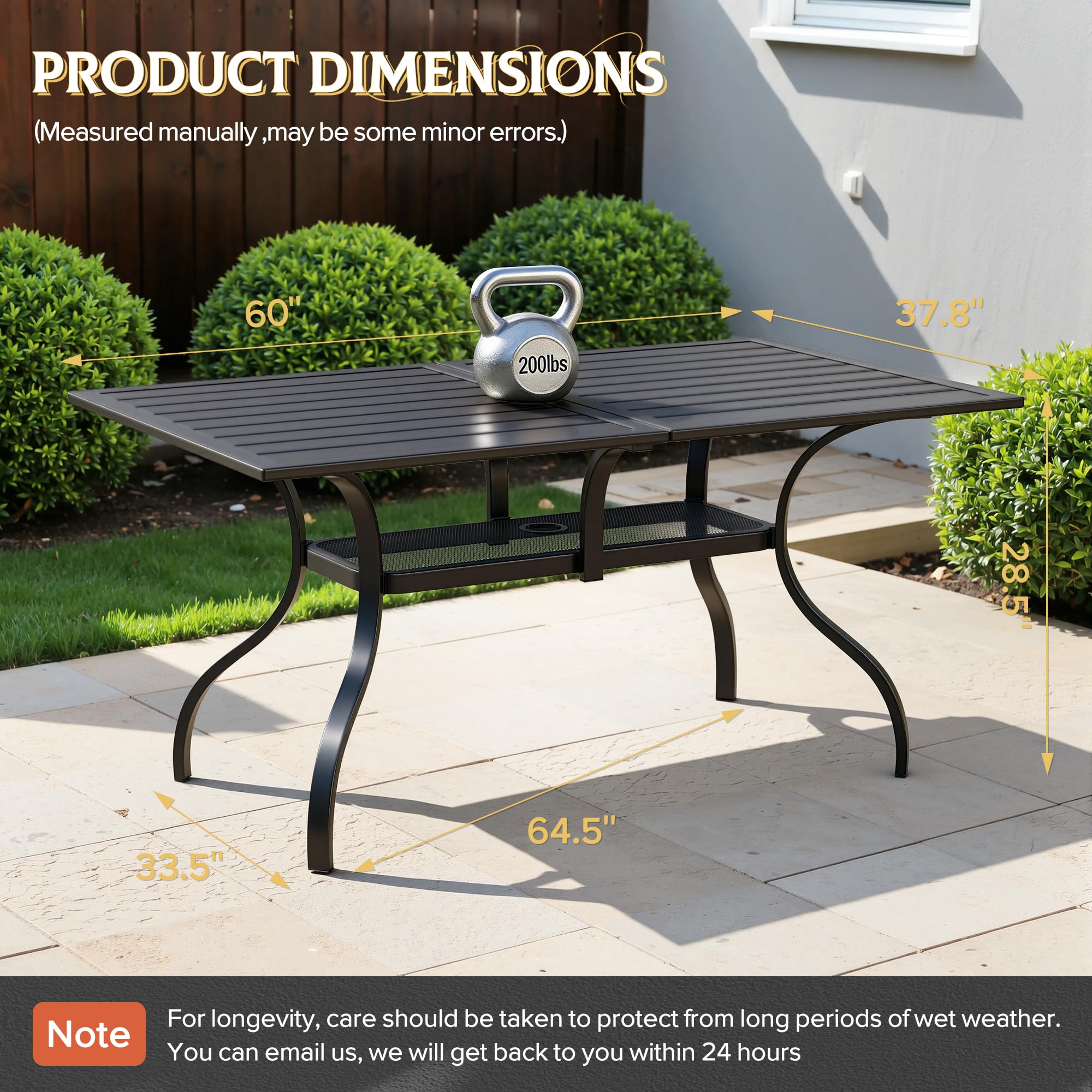 SUNCROWN 60"x37" Black Patio Outdoor Dining Table Metal Steel Slat Rectangular Bistro Table for Porch Deck Garden Backyard Poolside, 1.57" Umbrella Hole
