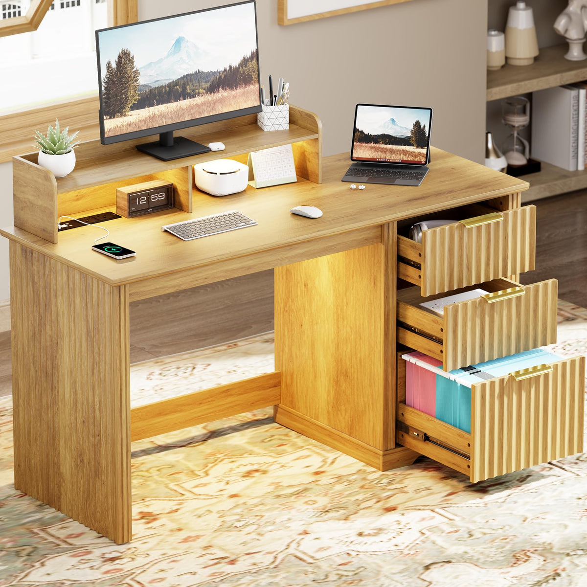 Lareth 47 inch Computer Desk with Monitor Stand, RGB LED Lights