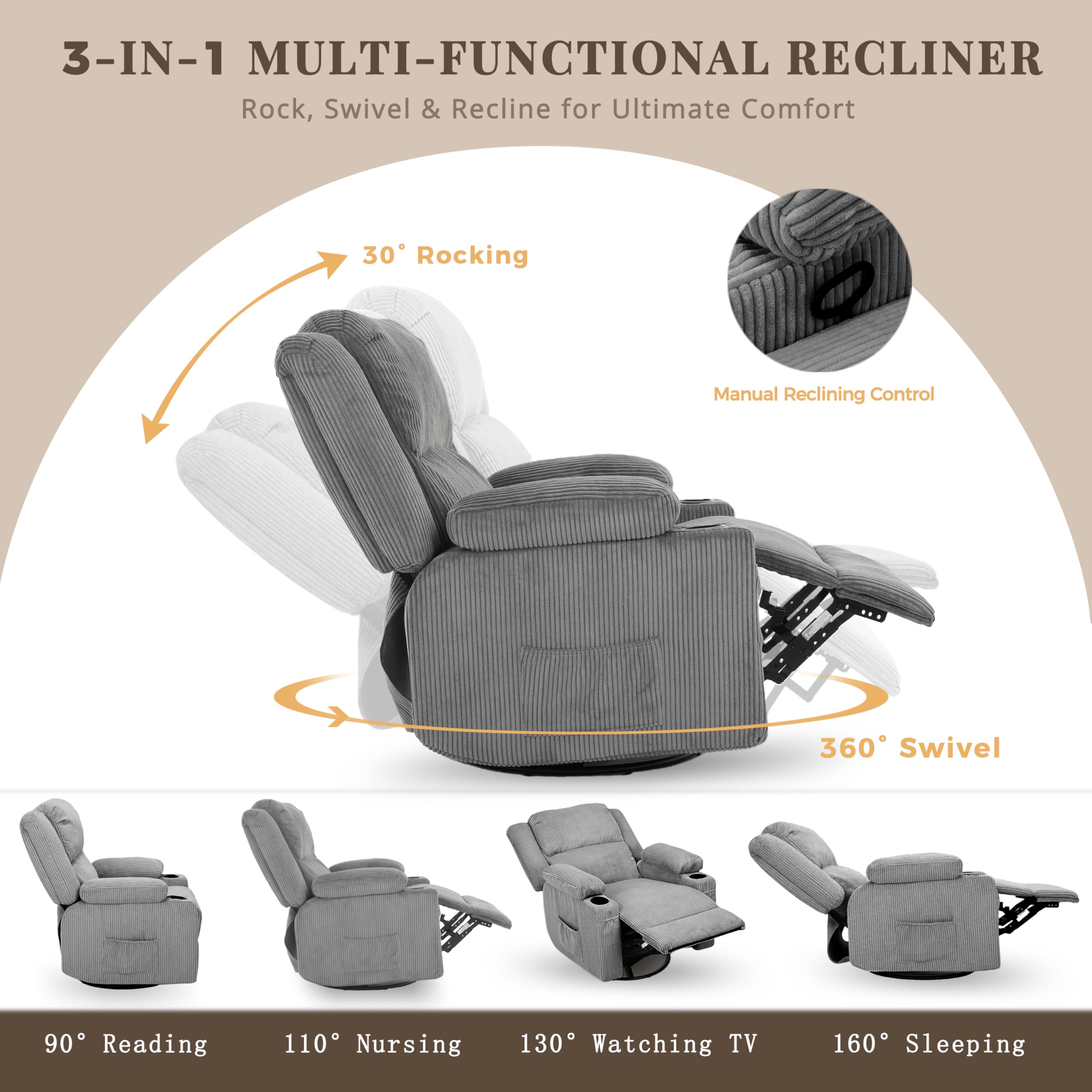 IKAKOS 360 Degree Swivel Rocker Recliner Chair with Heat and Massage, Soft Corduroy Manual Reclining Nursery Glider with USB Port, 2 Cup Holders & 4 Storage Pockets, 400lbs Capacity (Grey)