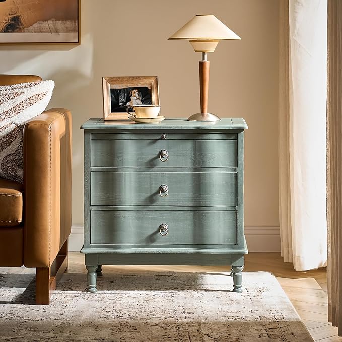 Solid Wood End Table with Charging Station & 3 Drawers