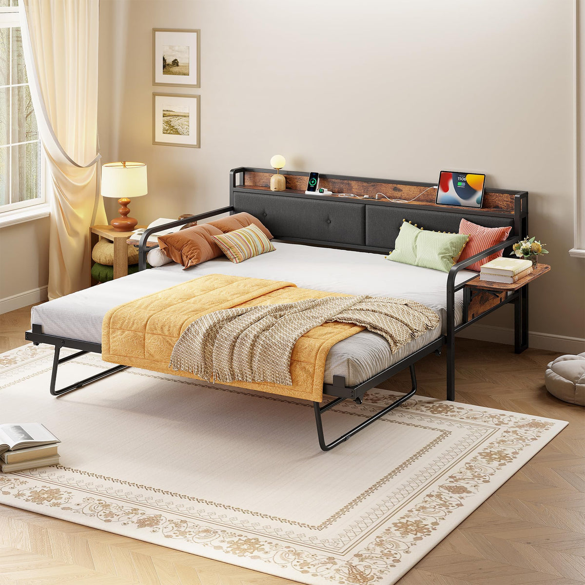 LIKIMIO Twin Daybed with Trundle, Day Bed with Charging Station