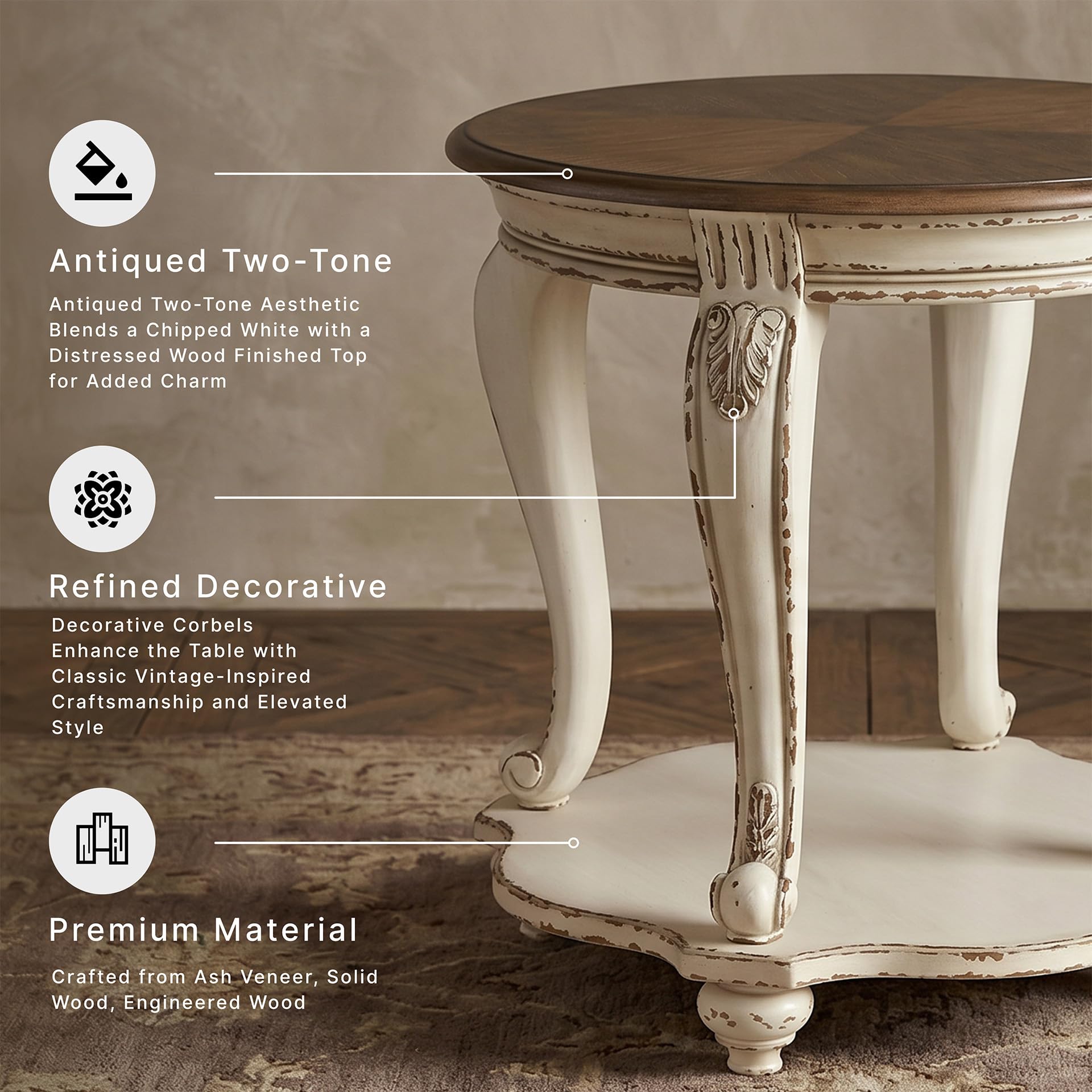 Signature Design by Ashley Realyn Round End Table, Cottage-Style Side Table with Antiqued Two-Tone Finish, Wood & Veneer Construction for Living Room or Bedroom, White/Brown