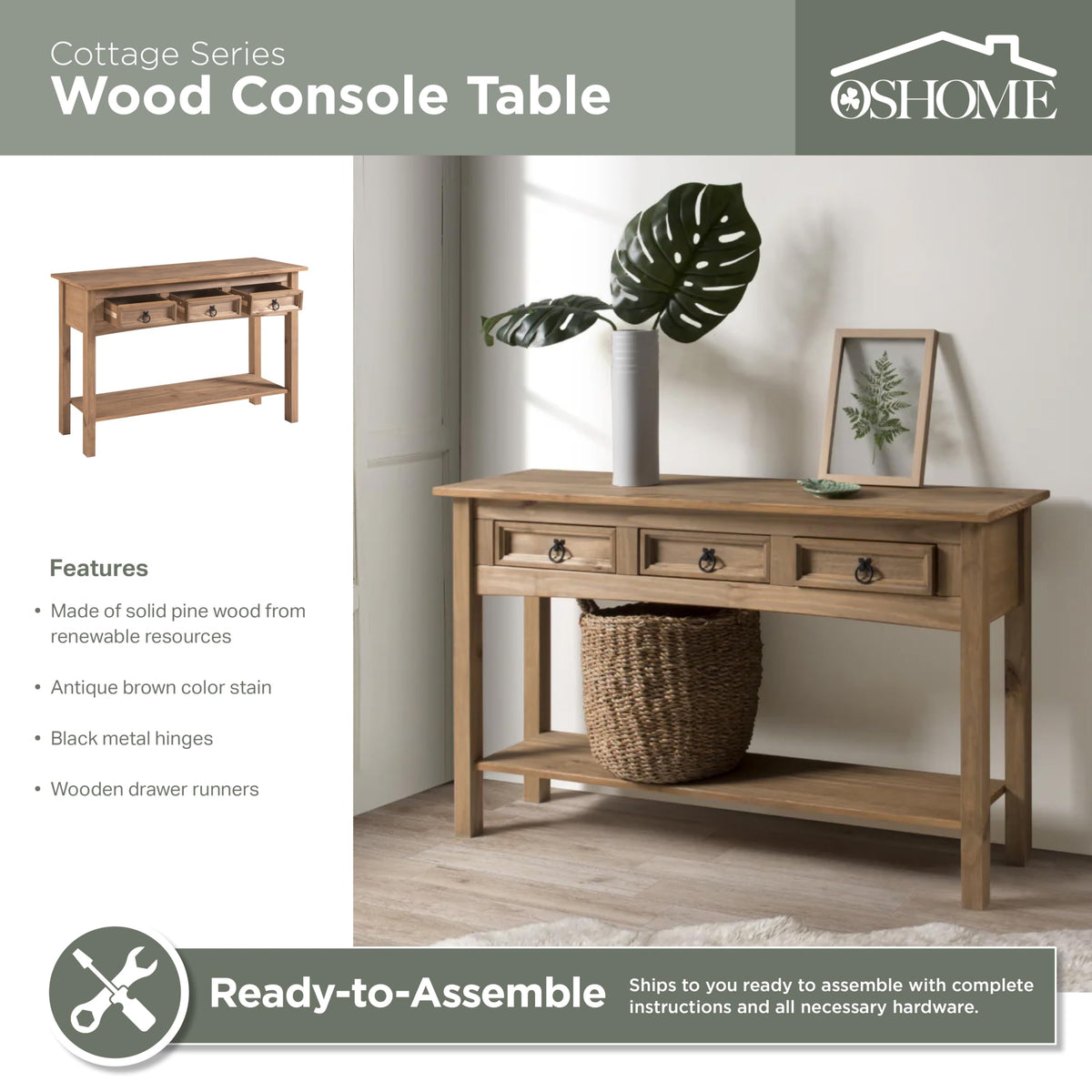 Solid Pine Console Table with Drawers