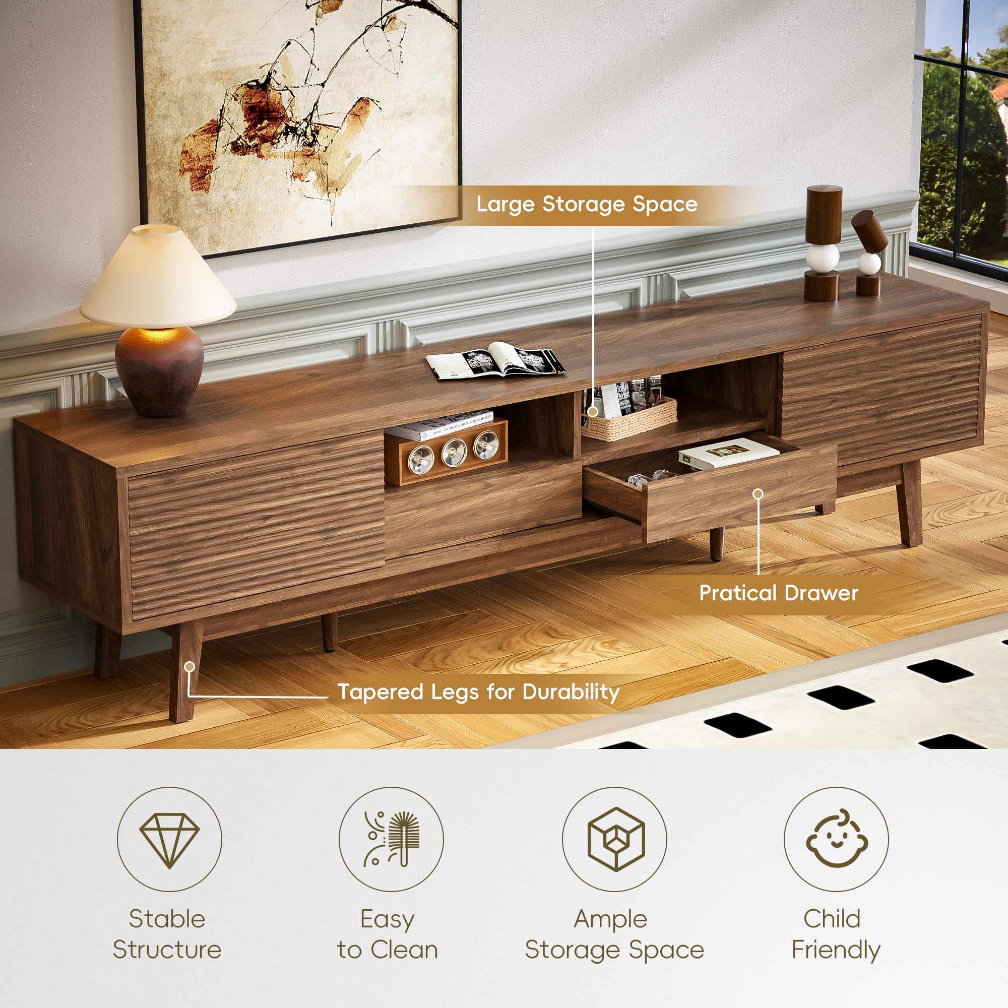 MU 70 Inch TV Stand for TVs up to 80 Inch, Mid Century Modern TV Console with Fluted Sliding Doors, Shelves & Drawers, Low Profile Entertainment Center for Living Room (Walnut, 70")