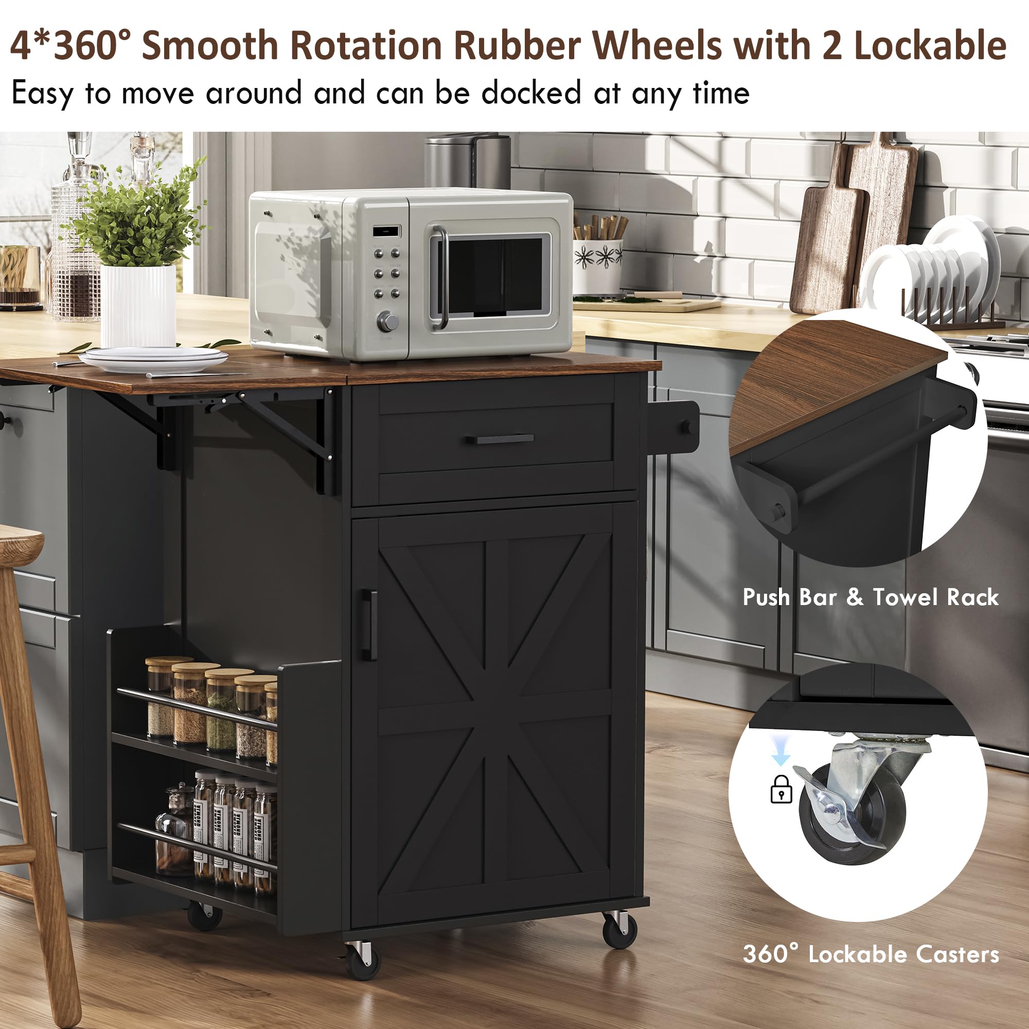 Seeheool K&K 39.3" Farmhouse Kitchen Island with Drop Leaf, Kitchen Storage Island with Open Side Rack, One Drawer, Towel Rack, Rolling Kitchen Cart with Lockable Wheels for Lawn Garden, Black