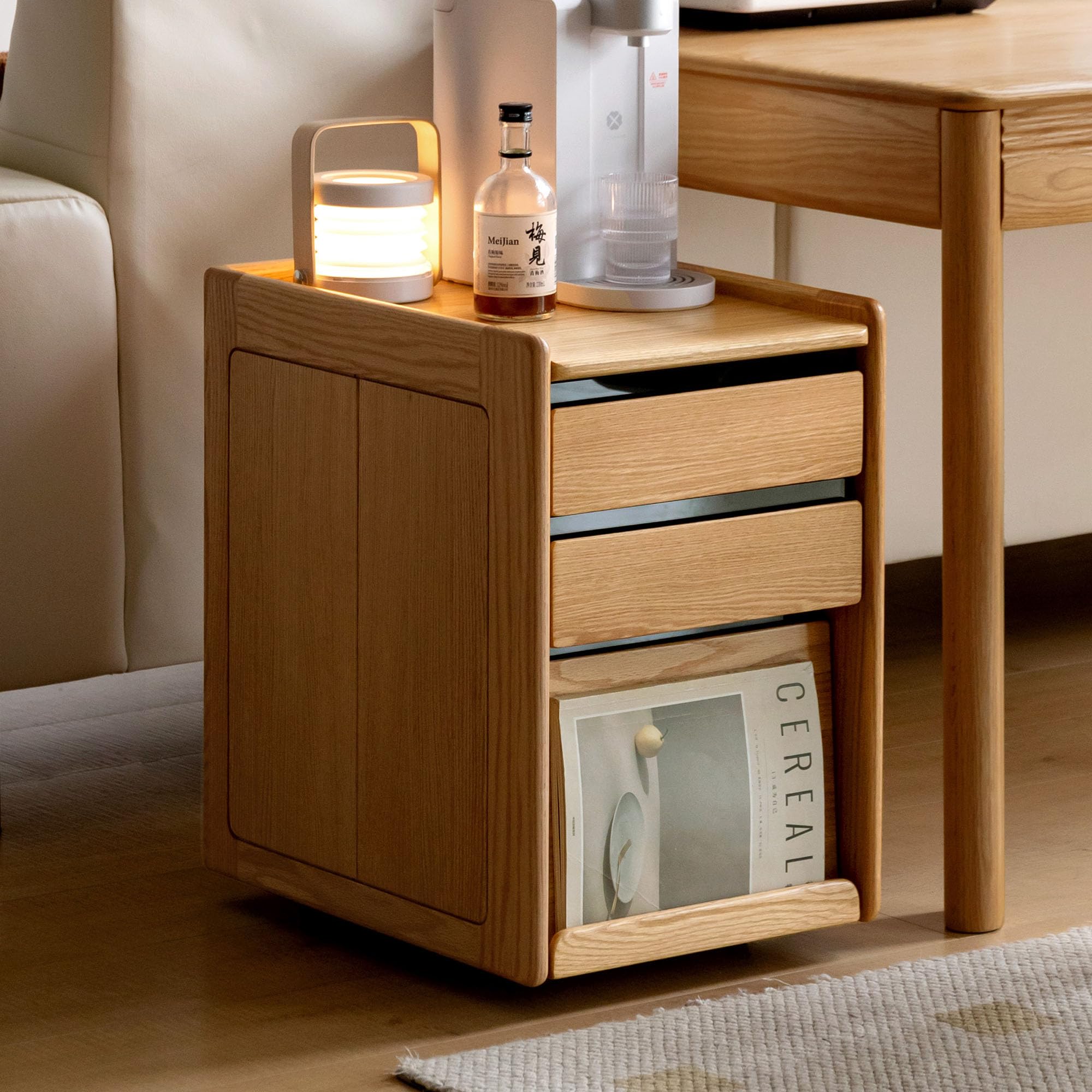 Solid Wood Rolling Side Table with Storage