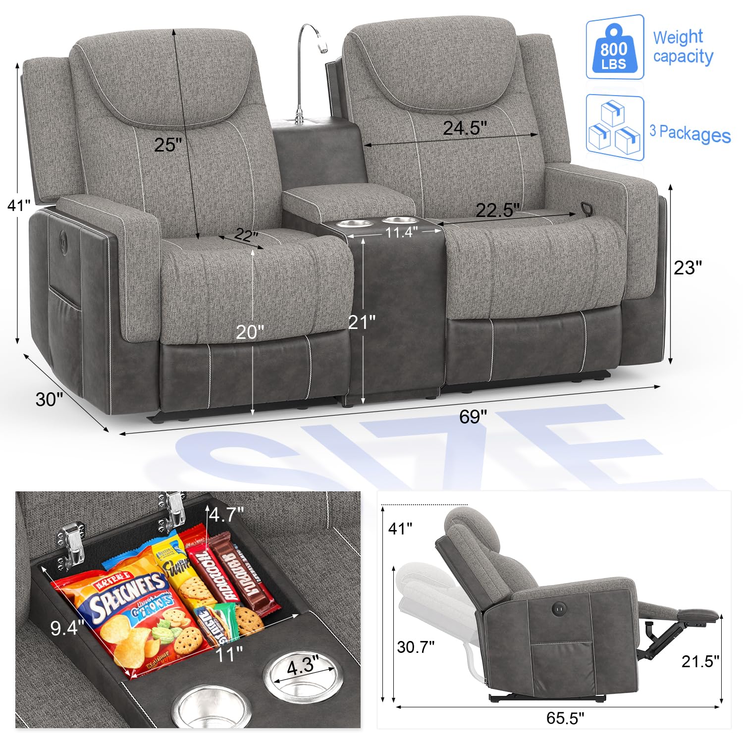 Duitrc Manual Loveseat Recliner Sofa, Home Theater Seating with Touch Reading Light, Console with Cup Holders & Storage, USB Ports, 2 Seater Reclining Couch for Living Room, RV, Home Theater