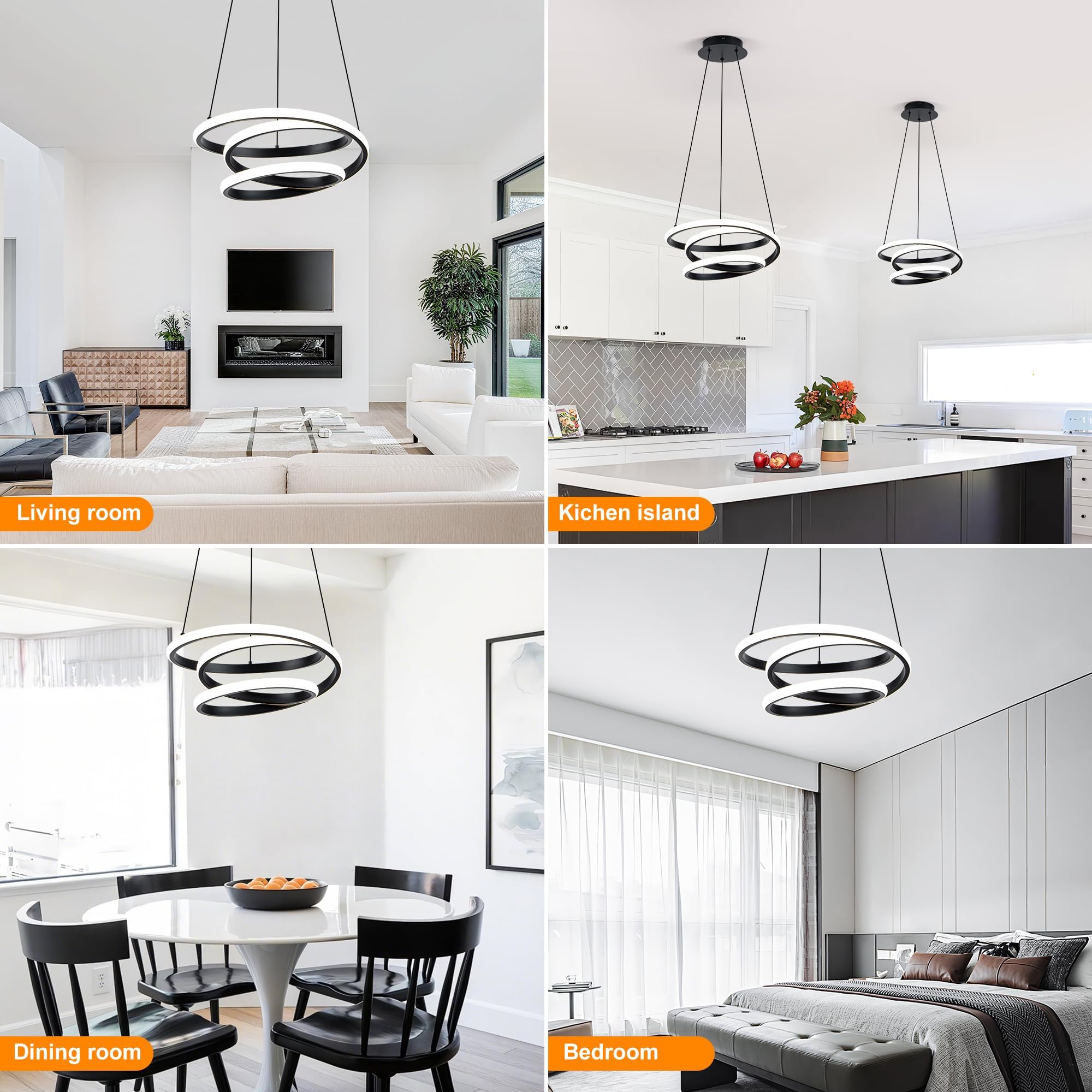 Mayful 13.78 inches Black Modern Chandelier with Remote Control, 3 Rings 3-Color Dimmable Led Chandeliers, Height Adjustable Living Room Chandelier for Dining Room, Entrance, Foyer