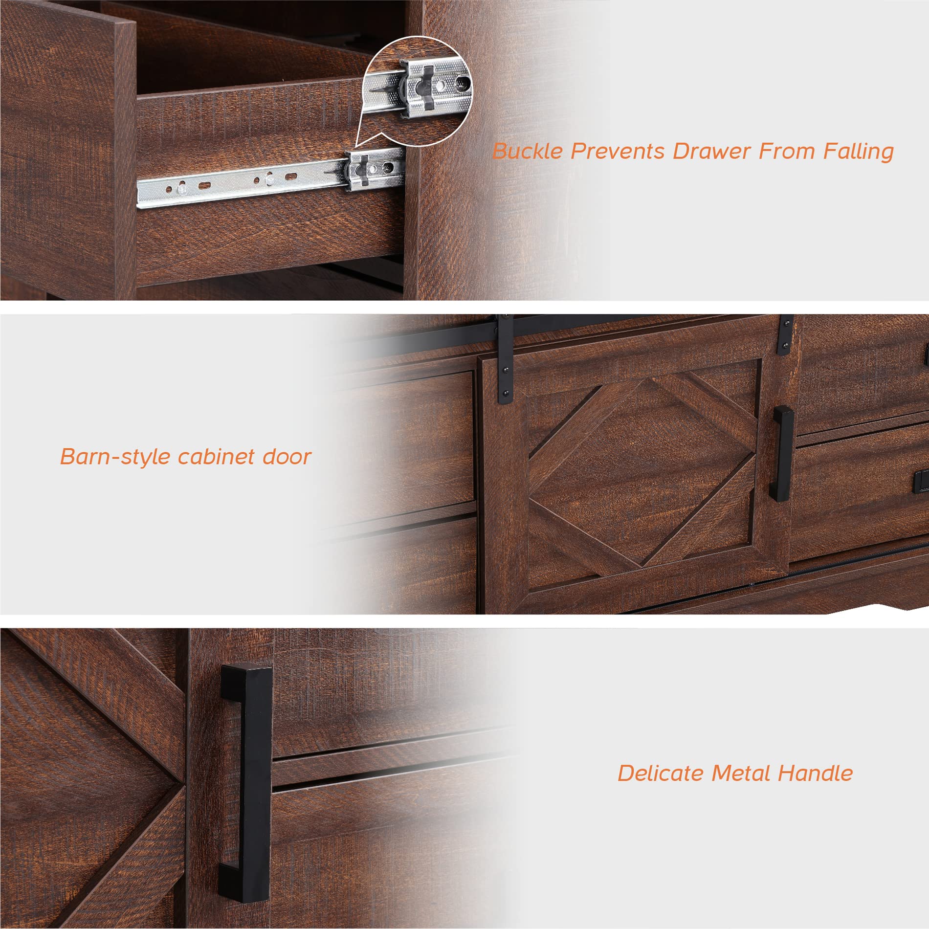 WAMPAT 98" Wide Farmhouse TV Stand for up to 110" TV, 3-in-1 Rustic Wood Entertainment Center with Drawers and Cube Cabinets for Living Room, Faux Bark Finish, Rustic Brown