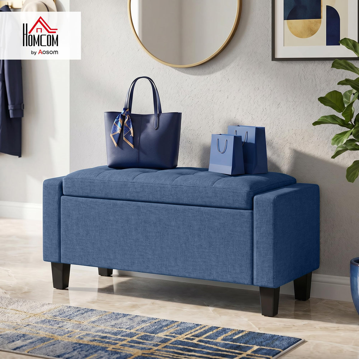 Blue Tufted Storage Ottoman Bench