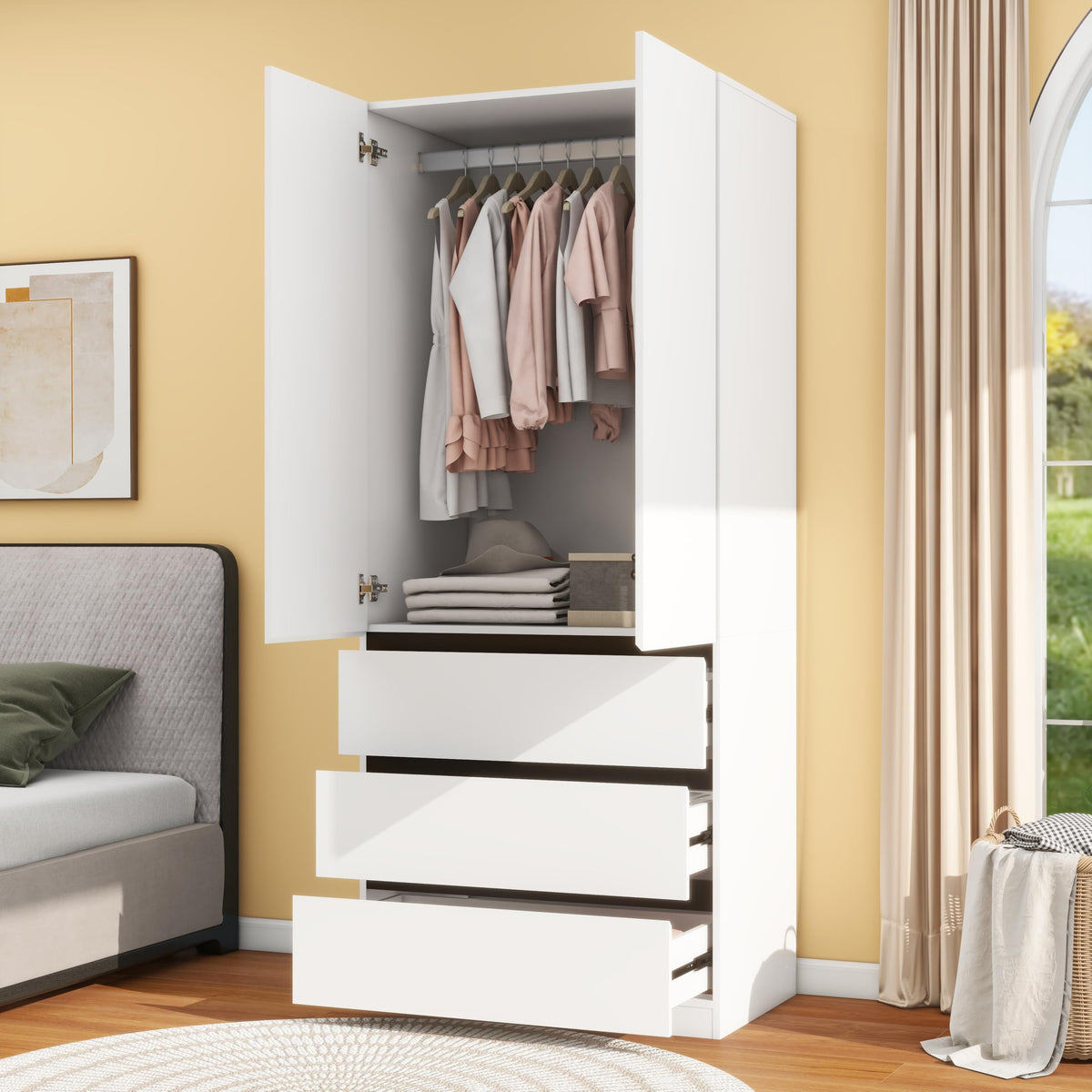 White Wardrobe with 3 Drawers