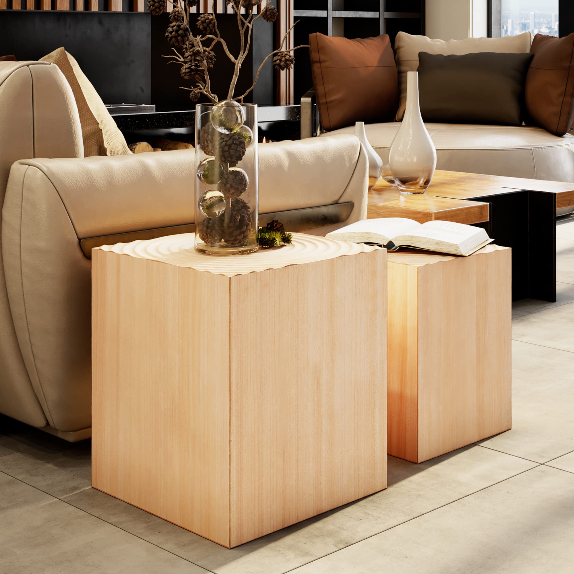 Wood Tree Ring Drum End Tables – Set of 2, Fully Assembled