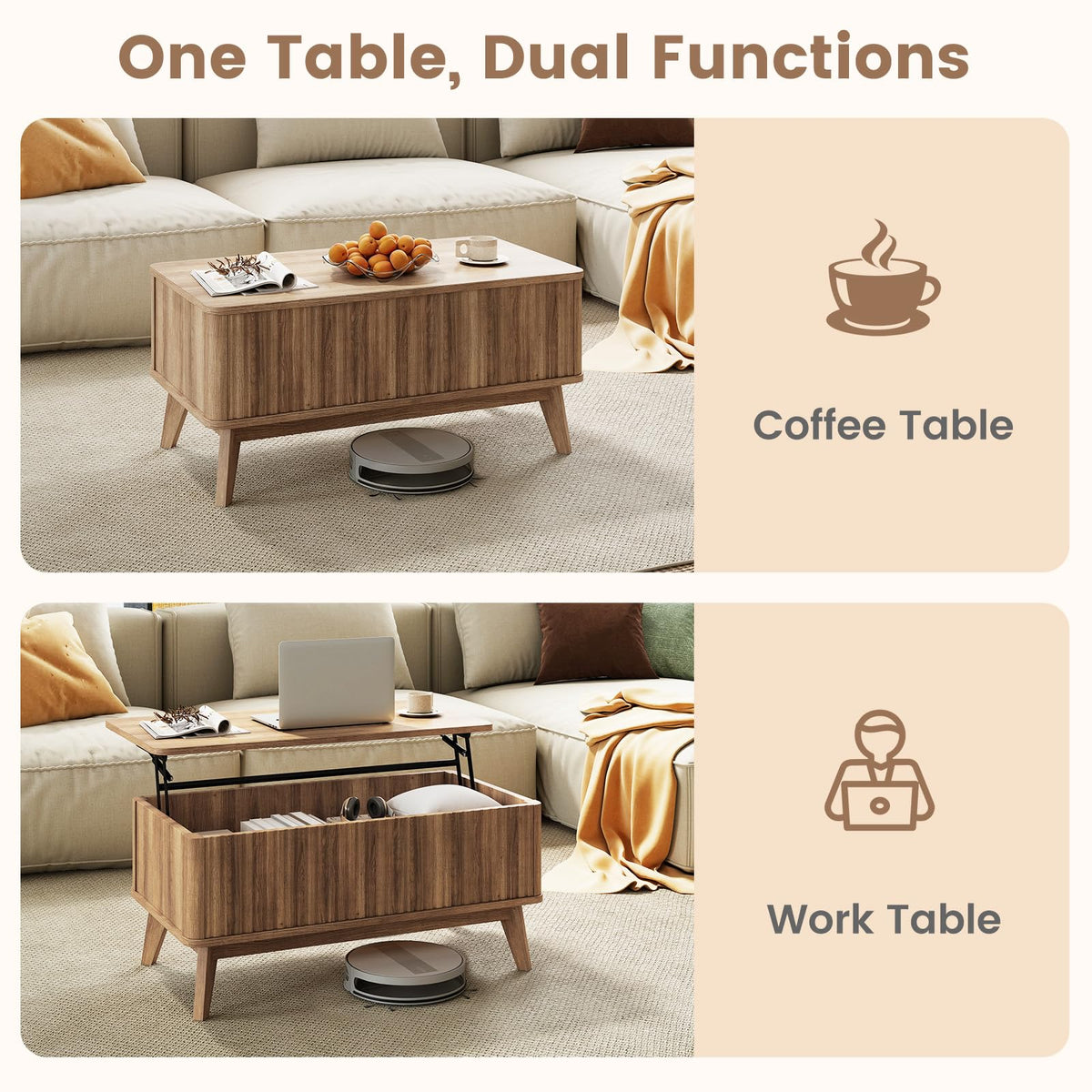 GIANTEX Lift Top Coffee Table with Storage, 35.5" Mid Century Modern Center Table with Solid Wood Leg & Hidden Compartment, Minimalist Fluted Living Room Table for Home Office, Oak