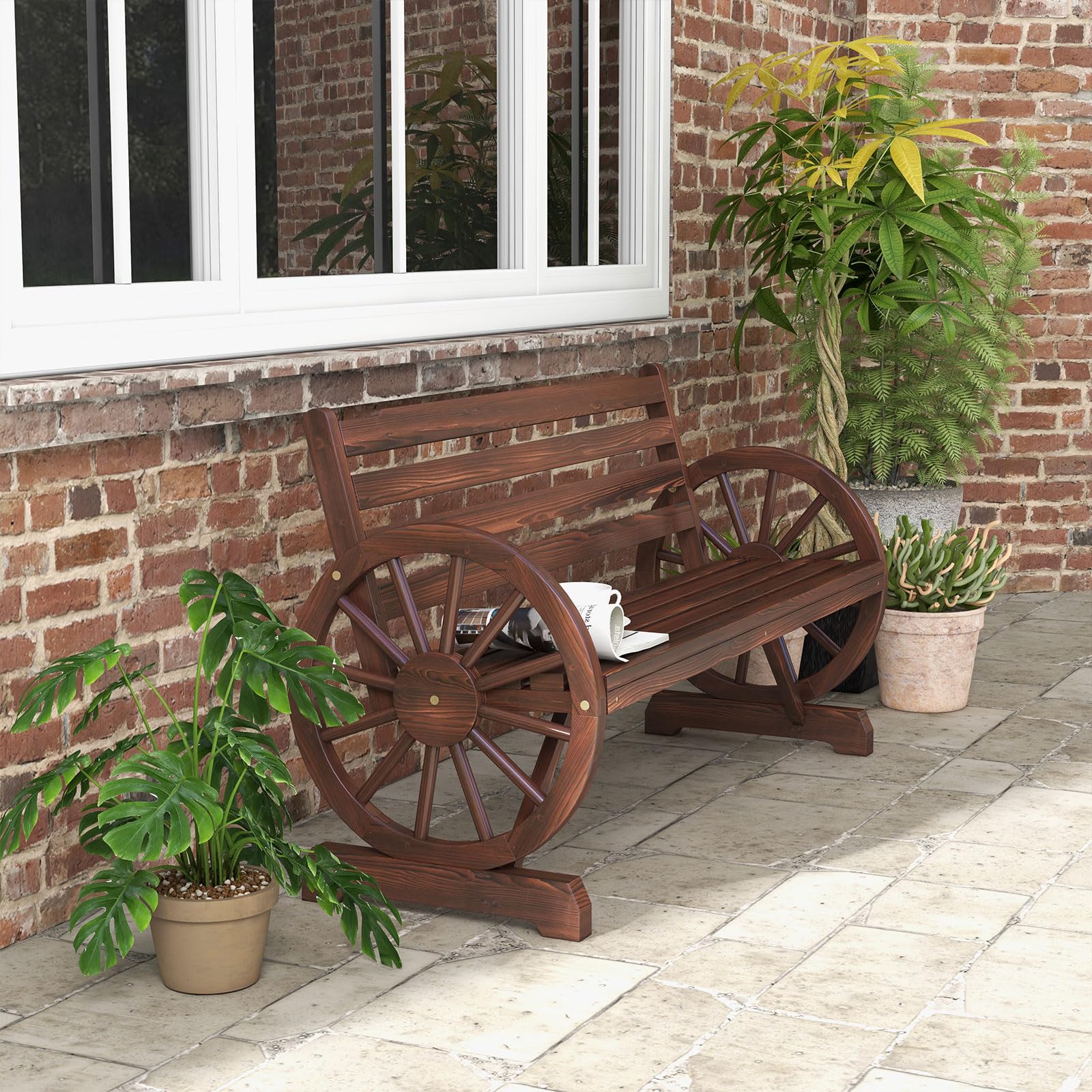 Outdoor Wooden Wagon Bench with Wheel Armrest