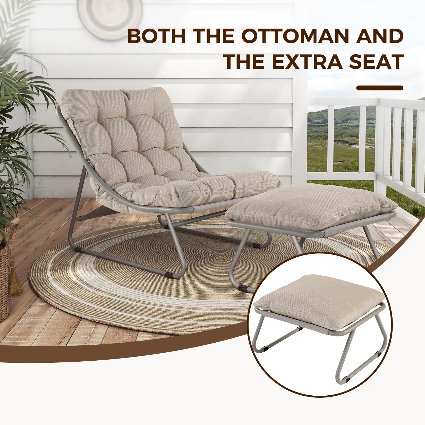 Outdoor Sling Recliner Lounge Chair with Ottoman & Cushion