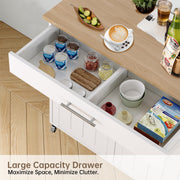 Soscana Kitchen Island with Storage, Wooden Rolling Kitchen Island On Wheels with Wood Top, Mobile Kitchen Bar Cart Cabinet with Towel Rack, Spice Rack and Drawers, White