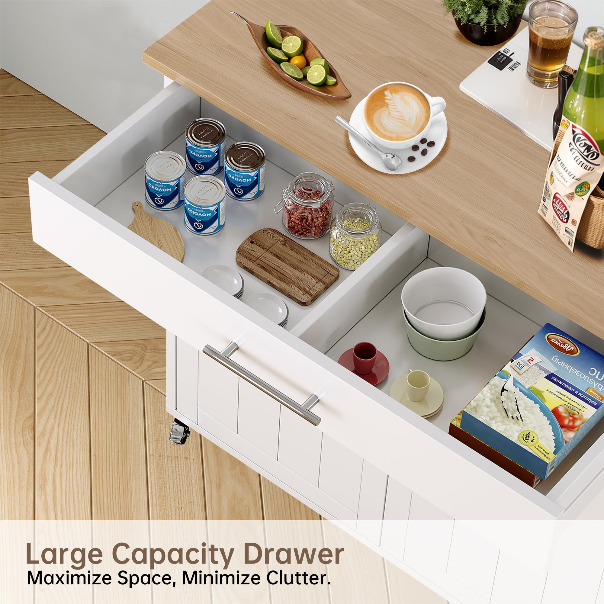 Soscana Kitchen Island with Storage, Wooden Rolling Kitchen Island On Wheels with Wood Top, Mobile Kitchen Bar Cart Cabinet with Towel Rack, Spice Rack and Drawers, White
