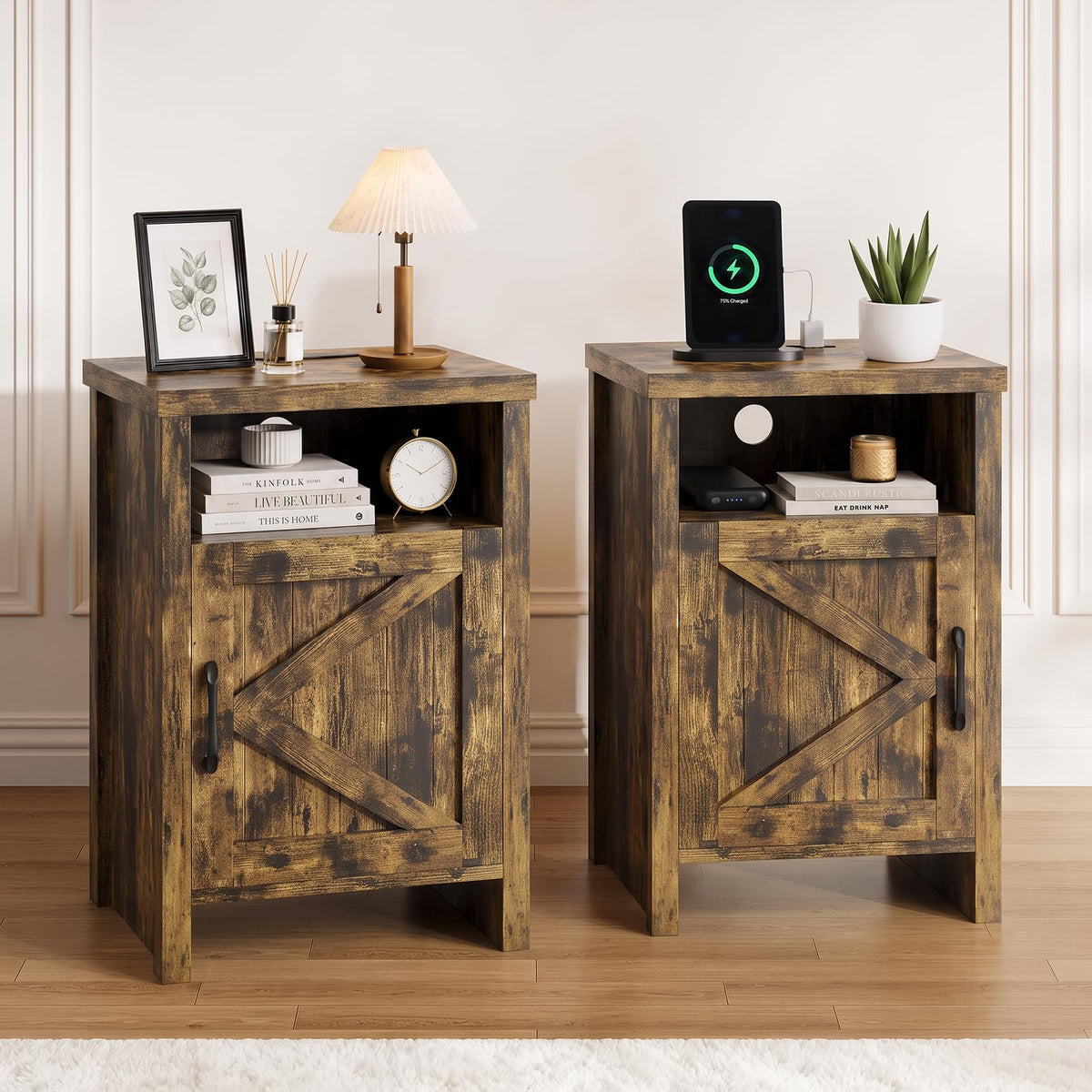 oneinmil Farmhouse Nightstand with Charging Station, Couch Side Table Set of 2, Bedside Table with Storage Space, End Tables with Barn Door, Bed Side Tables for Living Room and Bedroom, Rustic Brown