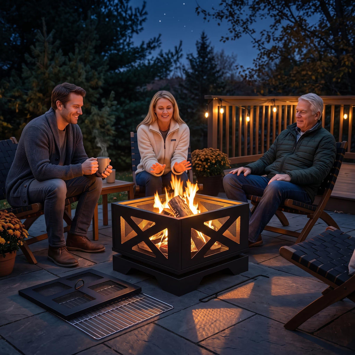 Kingson 20" Square Outdoor Fire Pit with X-Frame Mesh Design, Portable 2-in-1 Fire Pit & BBQ Grill, Heavy-Duty Steel with Spark Screen & Poker for Backyard & Camping