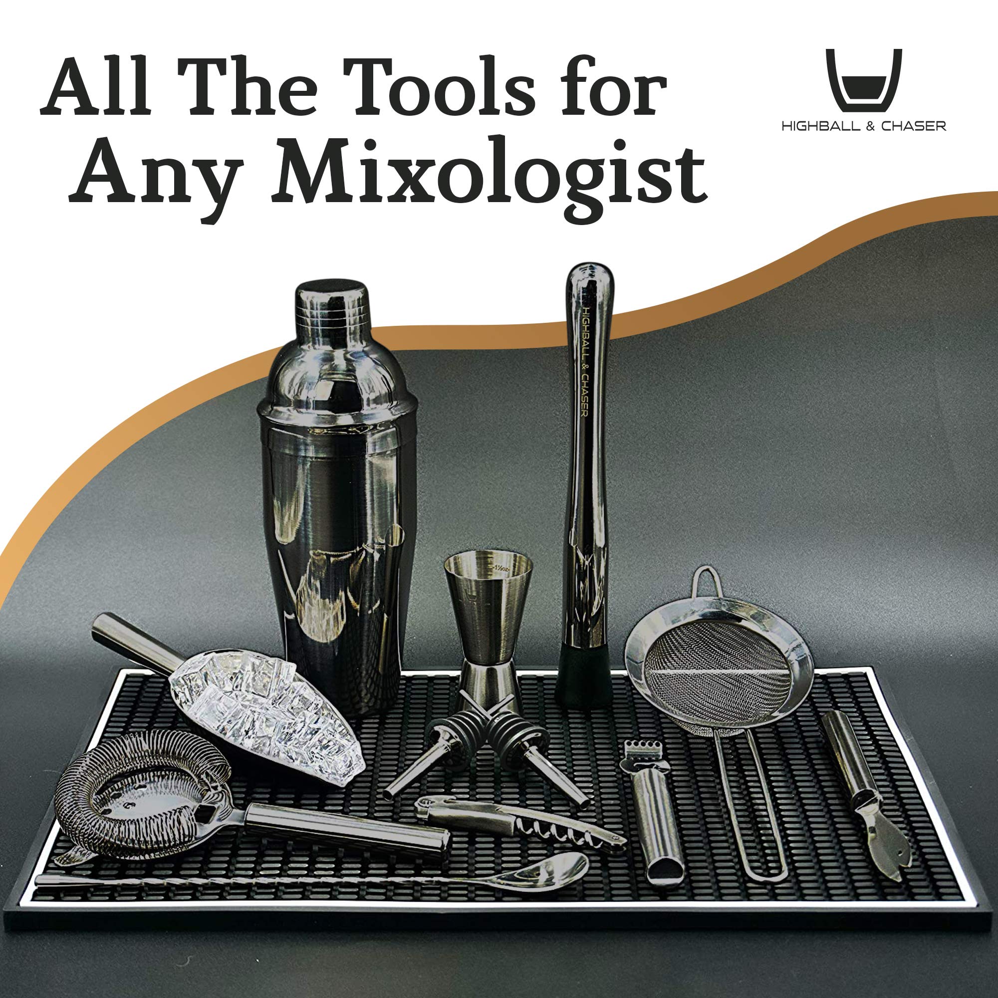 Highball & Chaser 13-Piece Cobbler Cocktail Shaker Set: Black Polished Stainless Steel Bartender Kit for Home Bar Set | Laser Engraved Tools Plus E-Book with 30 Recipes