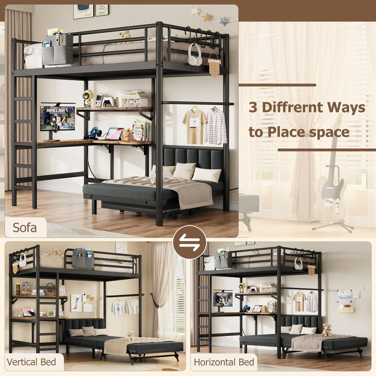 Twin Loft Bed with Desk and Folding Bed