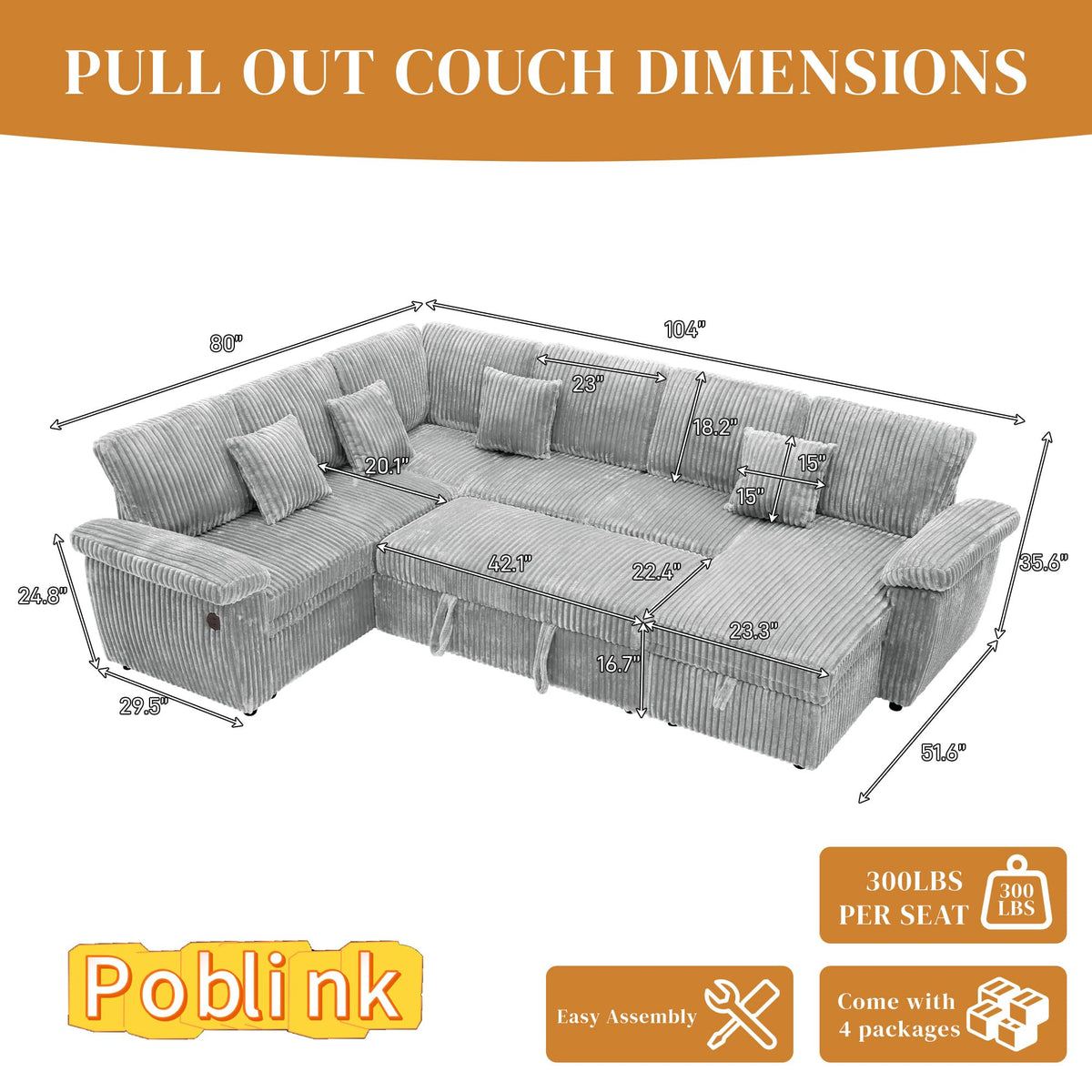 Poblink Modular Sectional Sleeper Sofa with Pull Out Bed, 104" U Shaped 7 Seat Cloud Sectional Couches for Living Room, Comfy Corduroy Couch Sofa Bed with Storage Chaise, USB Charging, Light Grey